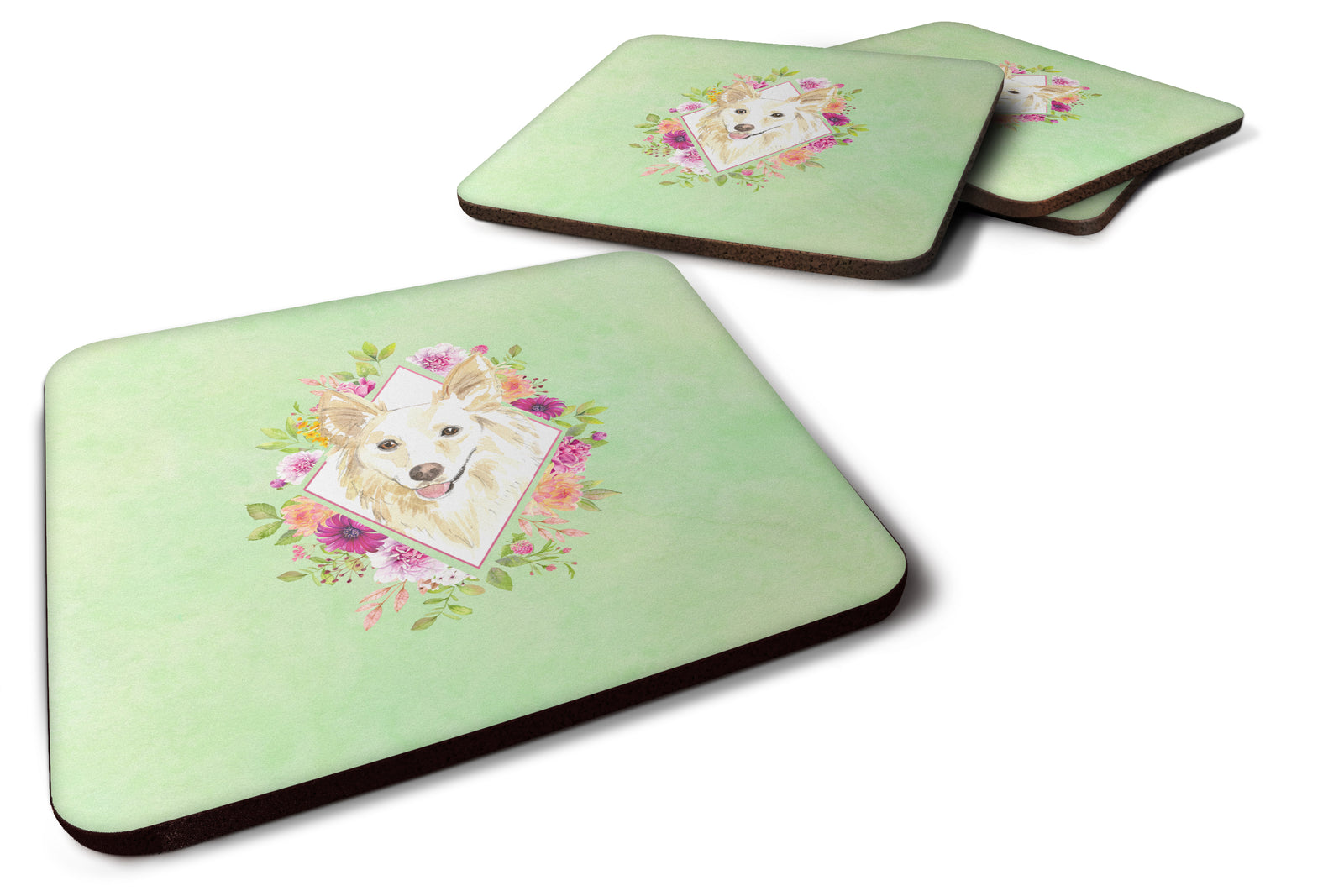 Set of 4  White Collie Green Flowers Foam Coasters Set of 4 CK4361FC - the-store.com