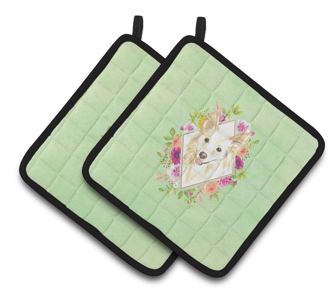 White Collie Green Flowers Pair of Pot Holders CK4361PTHD by Caroline's Treasures