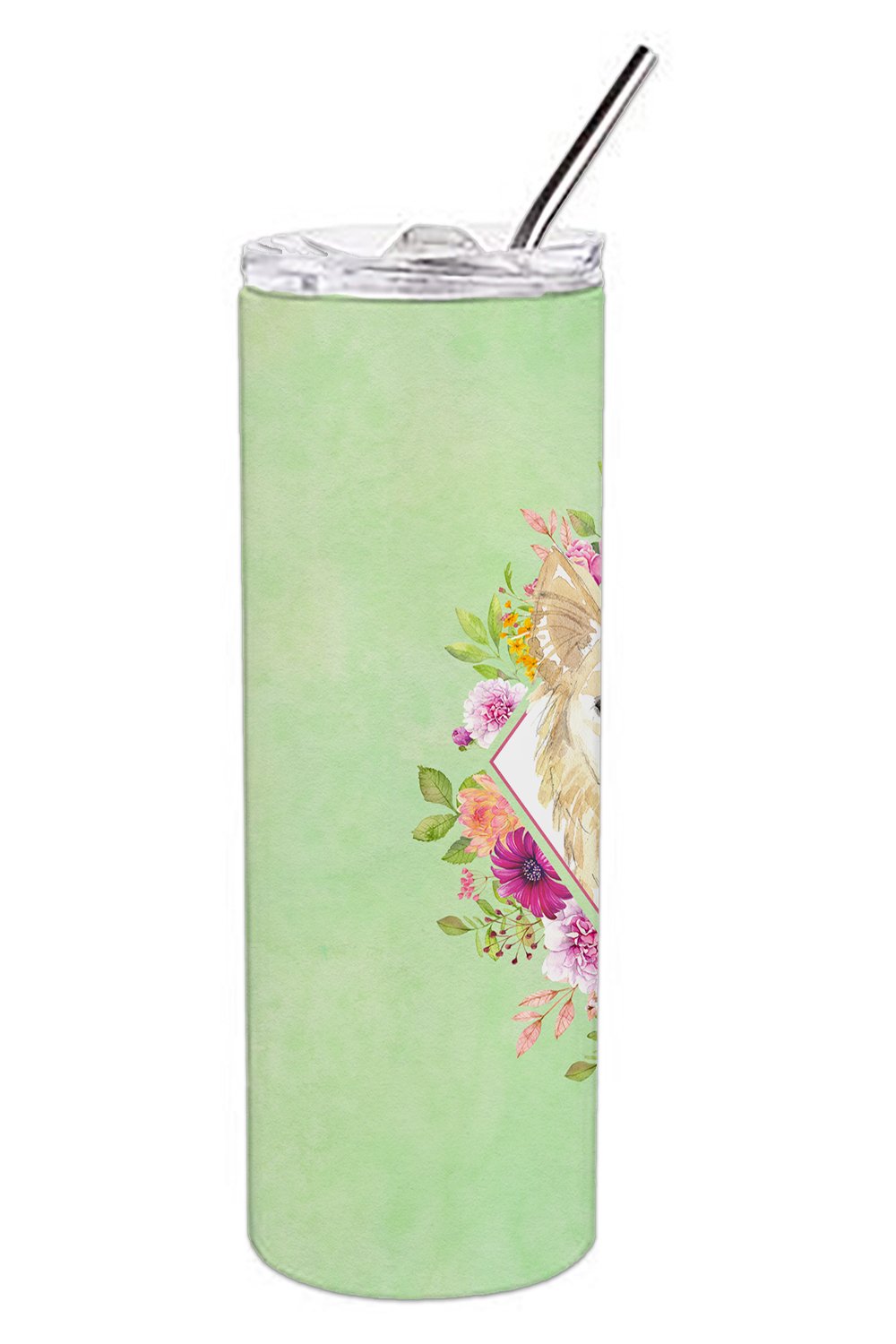 White Collie Green Flowers Double Walled Stainless Steel 20 oz Skinny Tumbler CK4361TBL20 by Caroline's Treasures