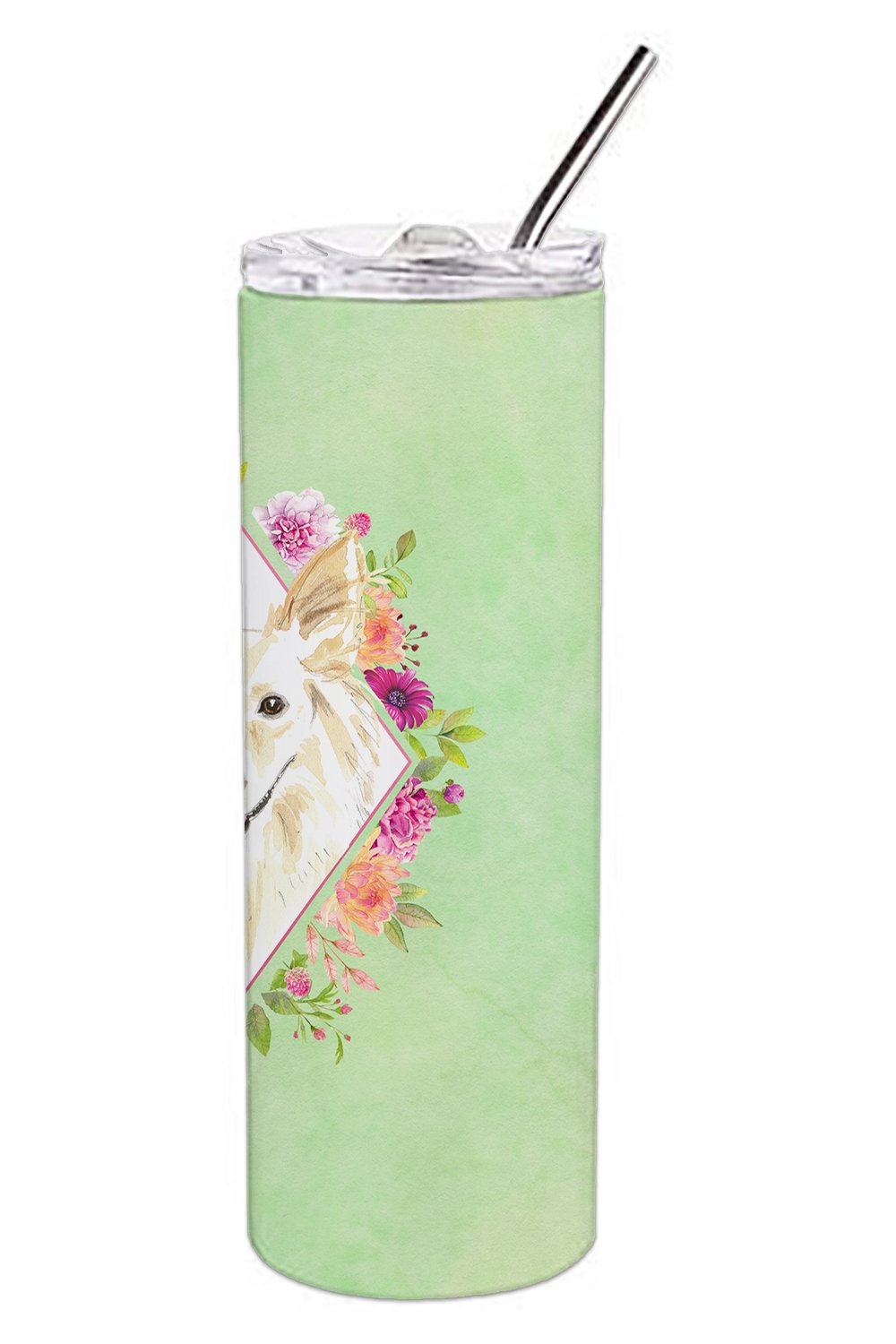 White Collie Green Flowers Double Walled Stainless Steel 20 oz Skinny Tumbler CK4361TBL20 by Caroline's Treasures