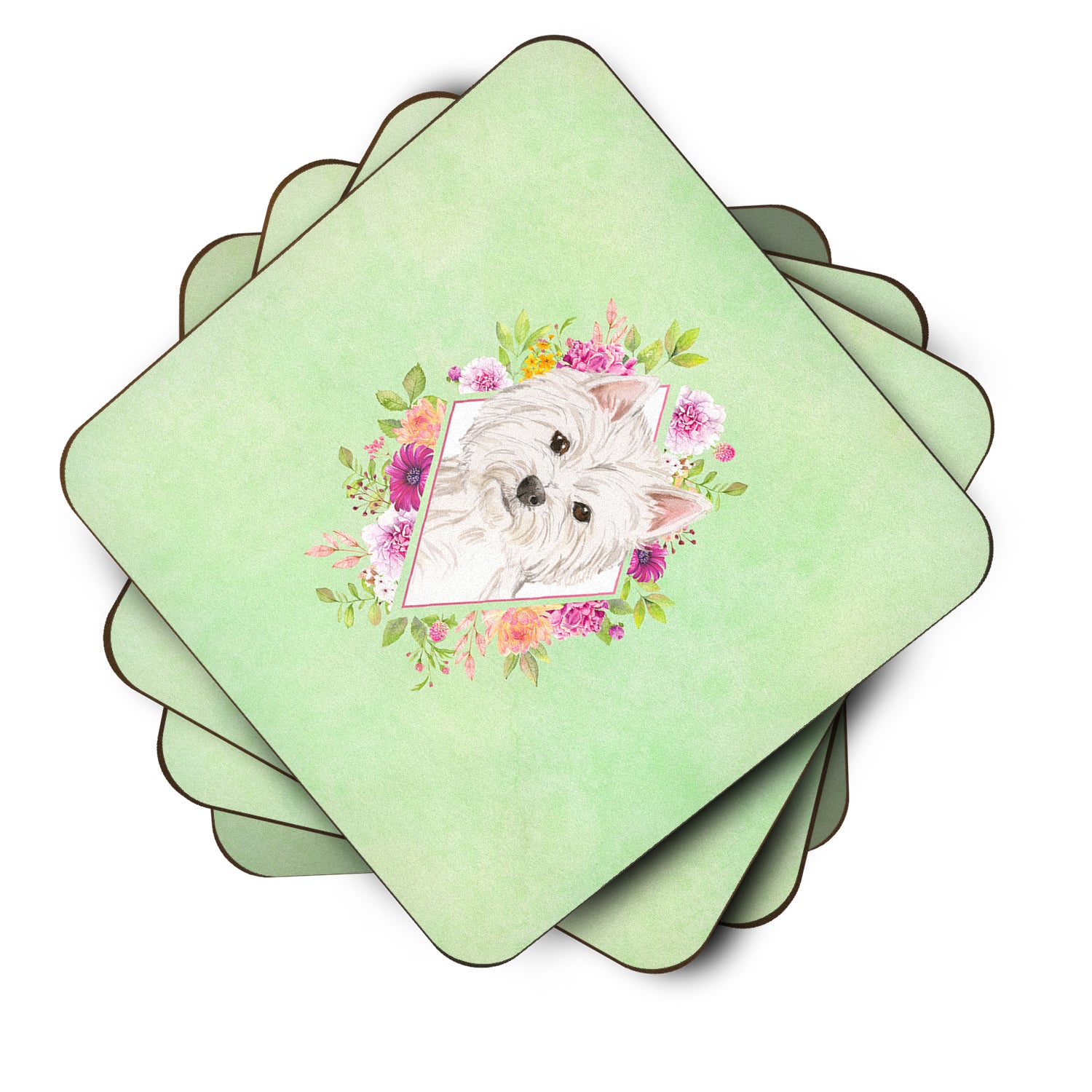 Set of 4 Westie  Green Flowers Foam Coasters Set of 4 CK4363FC - the-store.com