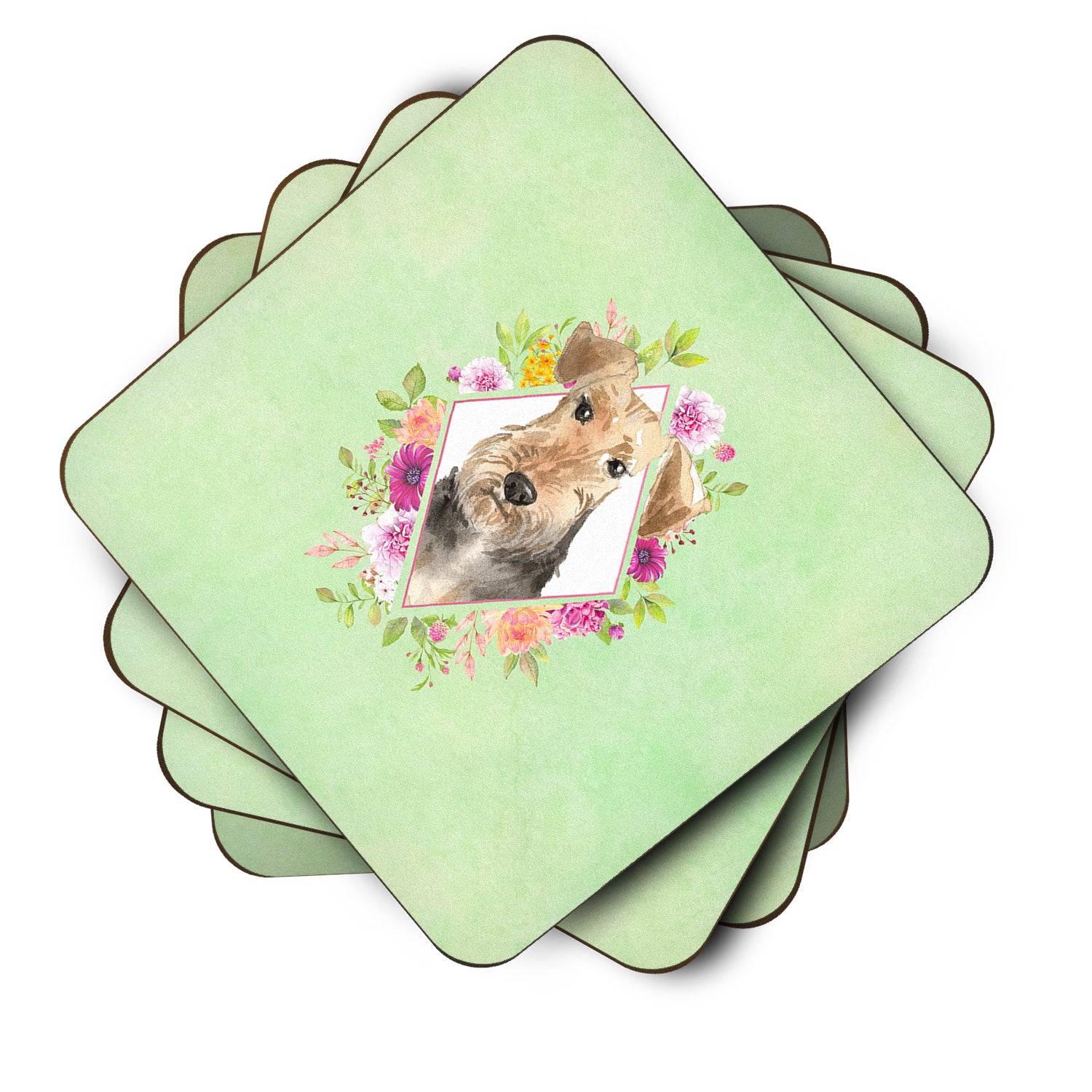 Set of 4 Airedale Terrier Green Flowers Foam Coasters Set of 4 CK4364FC - the-store.com