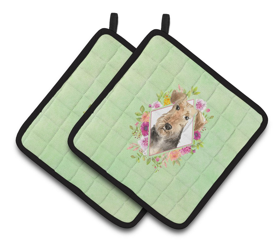 Airedale Terrier Green Flowers Pair of Pot Holders CK4364PTHD by Caroline's Treasures