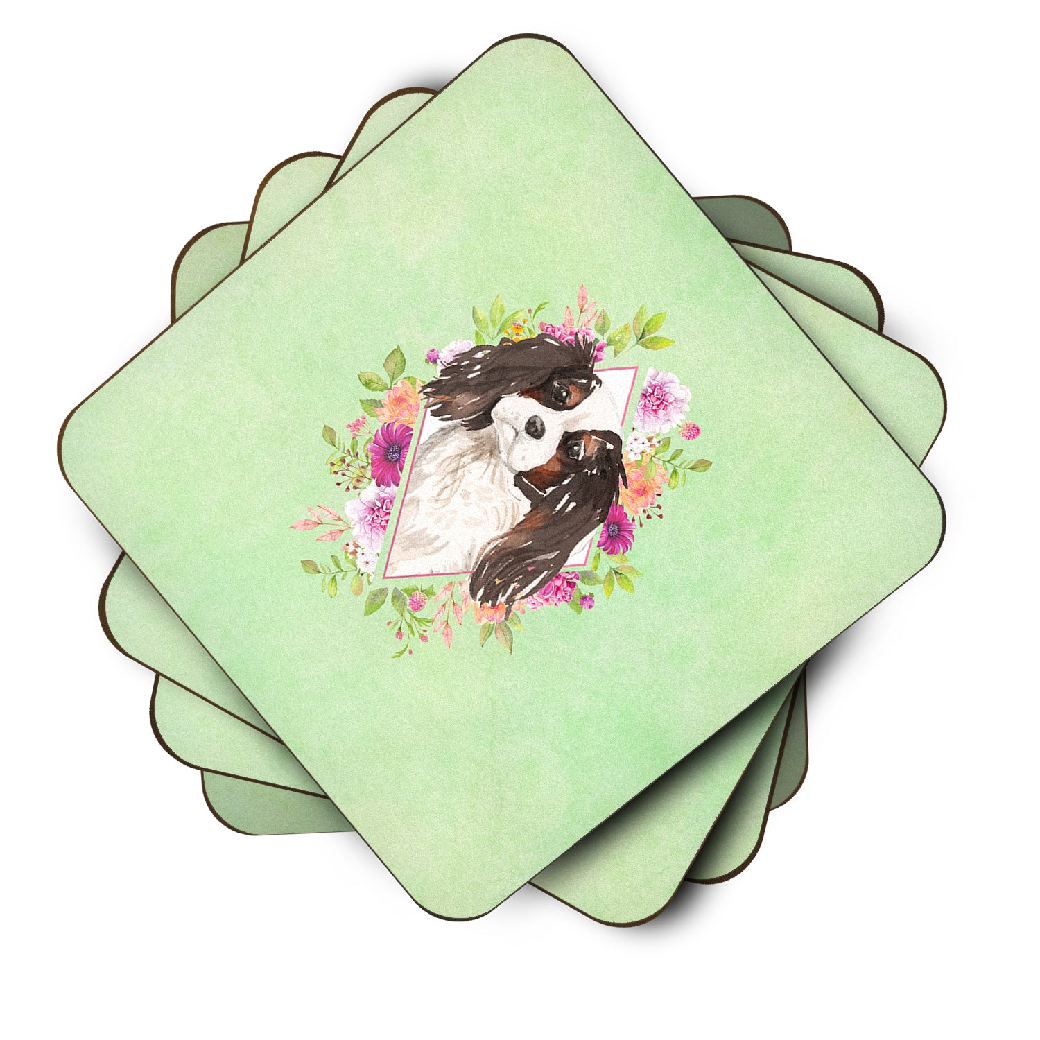 Set of 4 Tricolor Cavalier Spaniel Green Flowers Foam Coasters Set of 4 CK4366FC - the-store.com