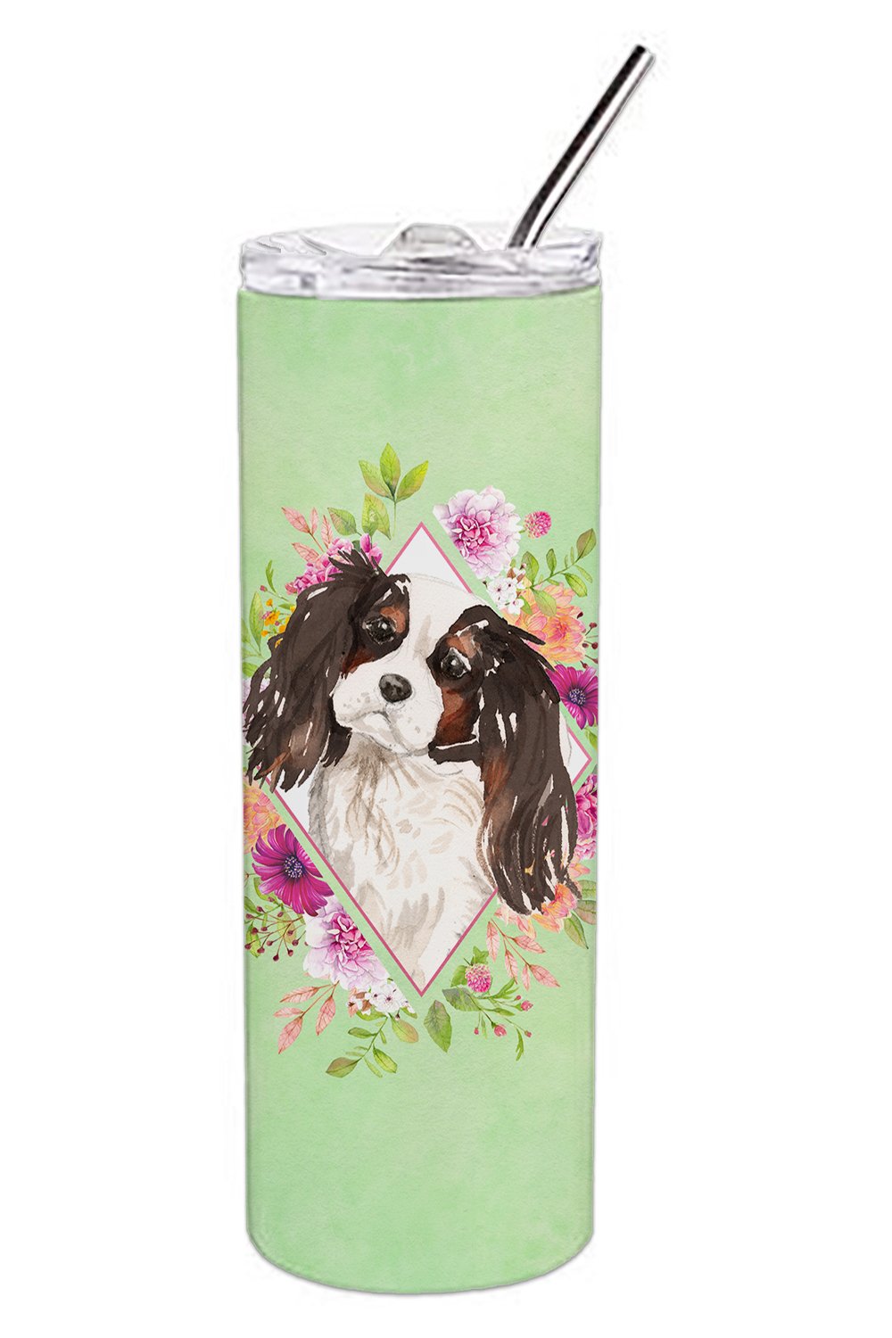 Tricolor Cavalier Spaniel Green Flowers Double Walled Stainless Steel 20 oz Skinny Tumbler CK4366TBL20 by Caroline's Treasures