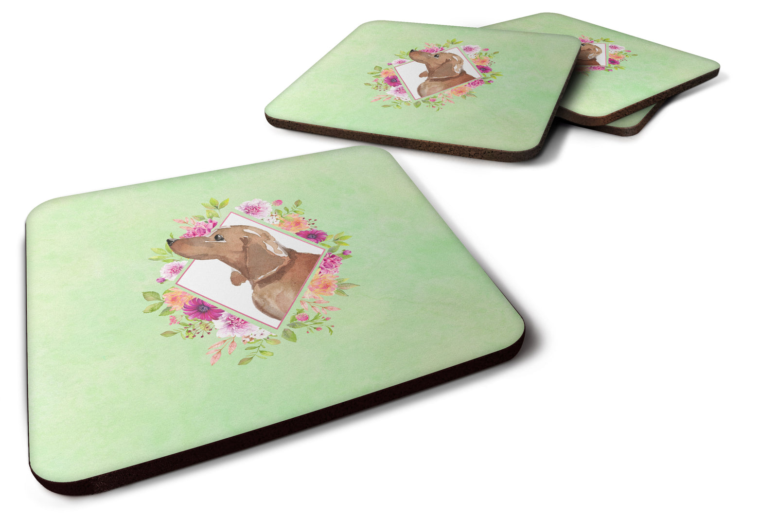 Set of 4 Dachshund Green Flowers Foam Coasters Set of 4 CK4367FC - the-store.com