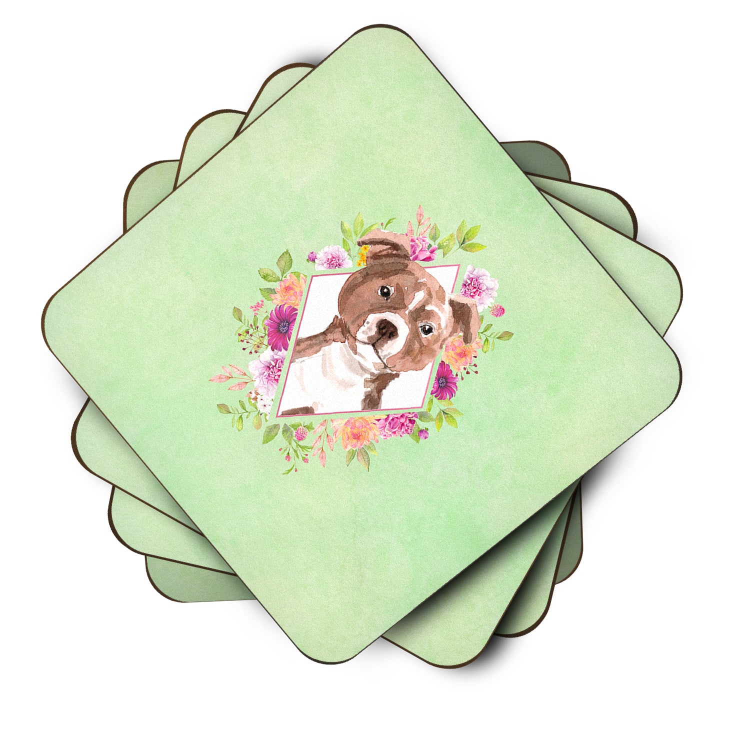 Set of 4 Staffie Bull Terrier Green Flowers Foam Coasters Set of 4 CK4368FC - the-store.com