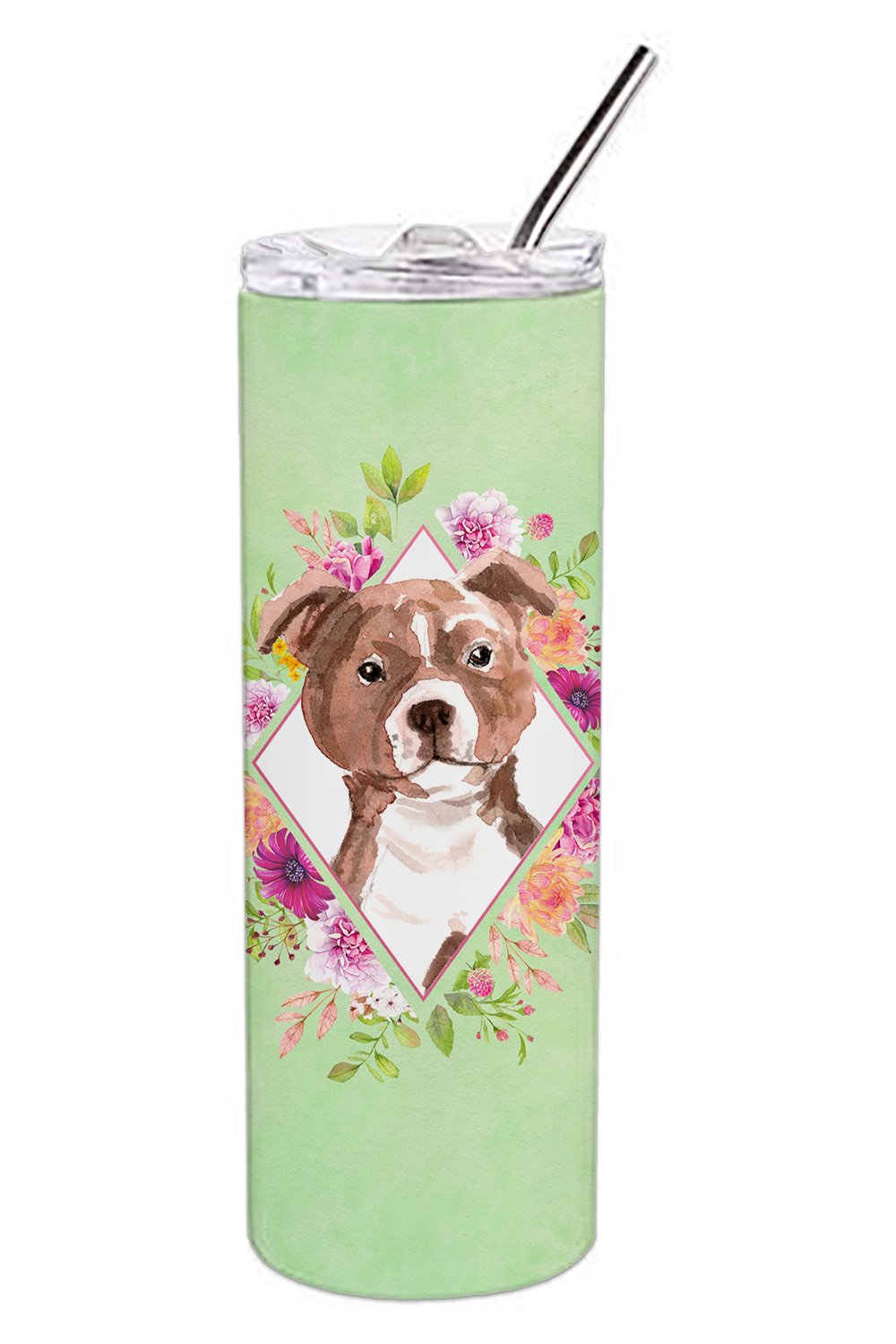 Staffie Bull Terrier Green Flowers Double Walled Stainless Steel 20 oz Skinny Tumbler CK4368TBL20 by Caroline's Treasures