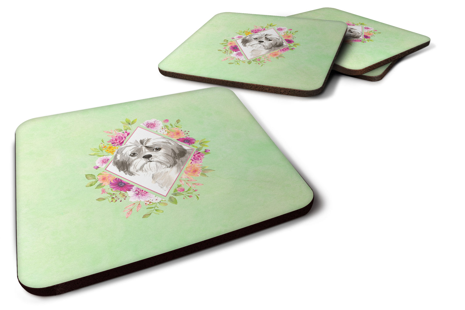 Set of 4 Shih Tzu Puppy Green Flowers Foam Coasters Set of 4 CK4371FC - the-store.com