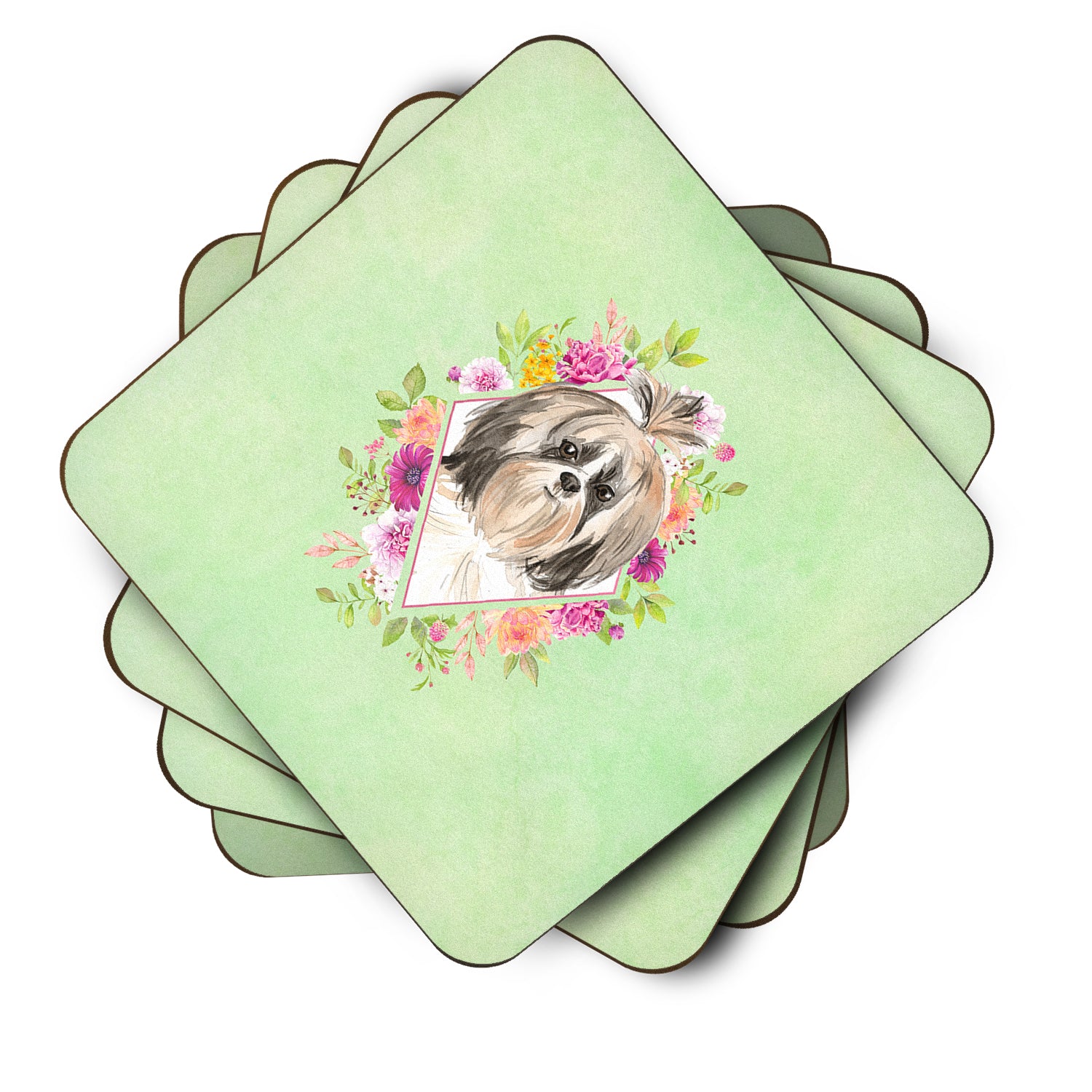 Set of 4 Shih Tzu Green Flowers Foam Coasters Set of 4 CK4372FC - the-store.com