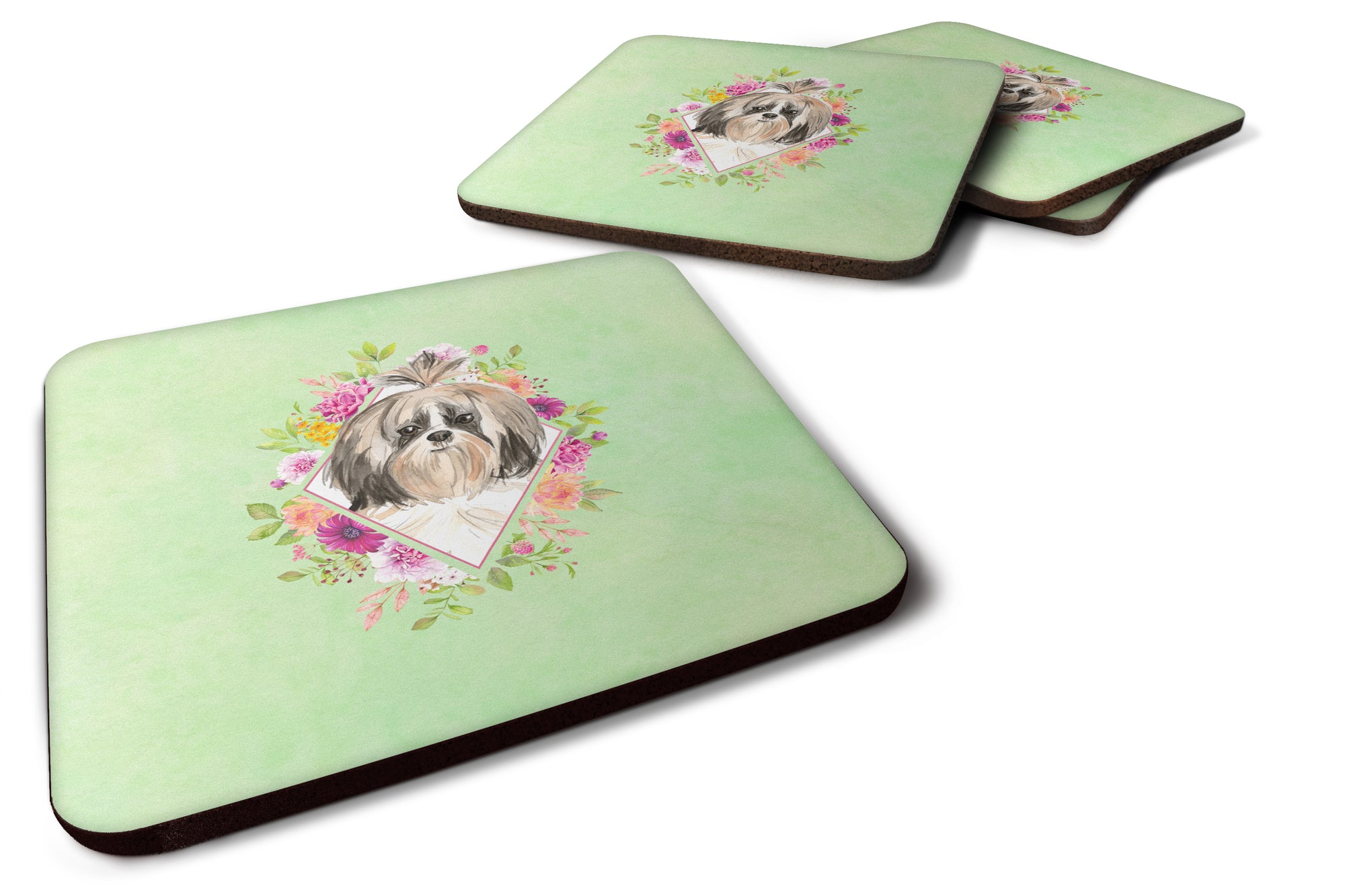 Set of 4 Shih Tzu Green Flowers Foam Coasters Set of 4 CK4372FC - the-store.com