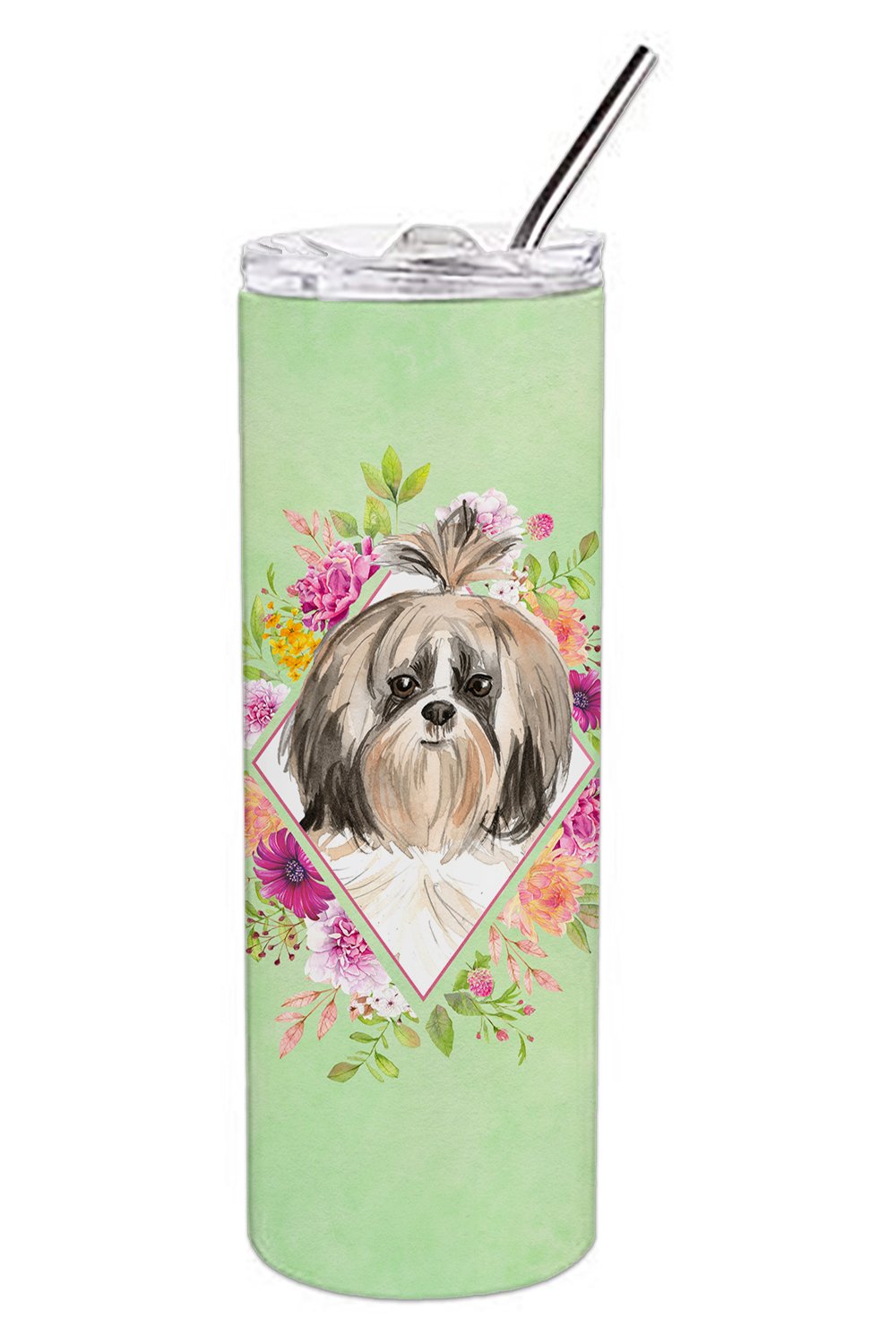 Shih Tzu Green Flowers Double Walled Stainless Steel 20 oz Skinny Tumbler CK4372TBL20 by Caroline's Treasures