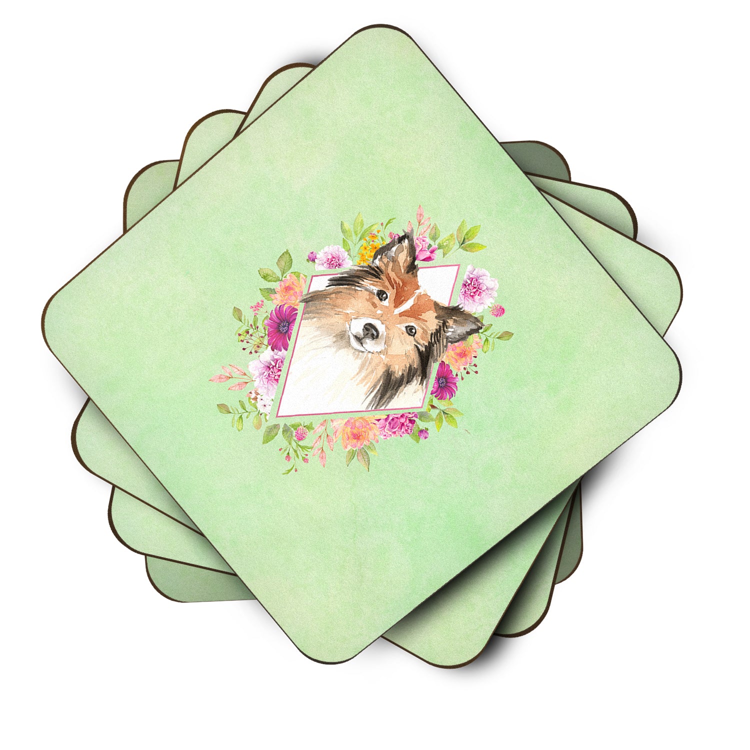 Set of 4 Sheltie Green Flowers Foam Coasters Set of 4 CK4373FC - the-store.com