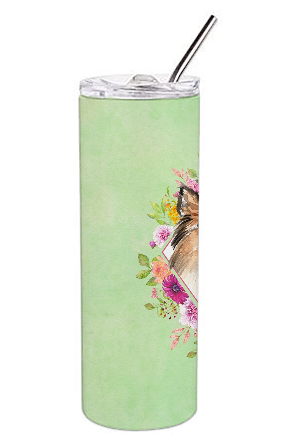 Sheltie Green Flowers Double Walled Stainless Steel 20 oz Skinny Tumbler CK4373TBL20 by Caroline's Treasures