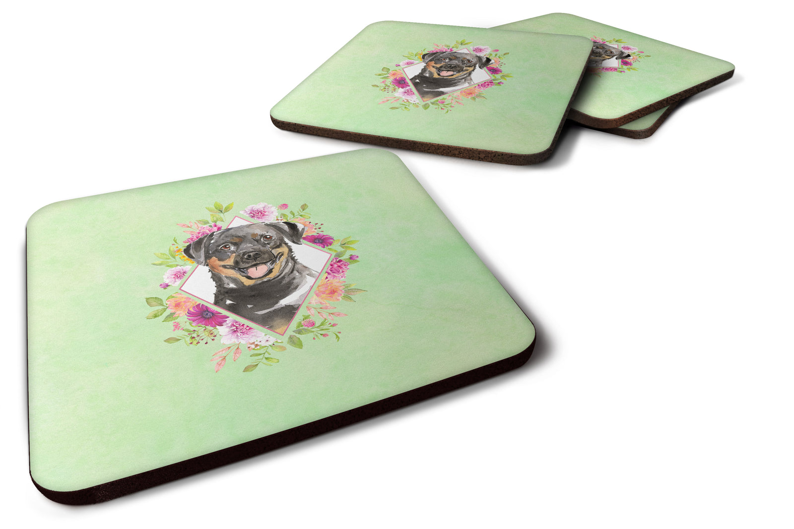 Set of 4 Rottweiler Green Flowers Foam Coasters Set of 4 CK4377FC - the-store.com