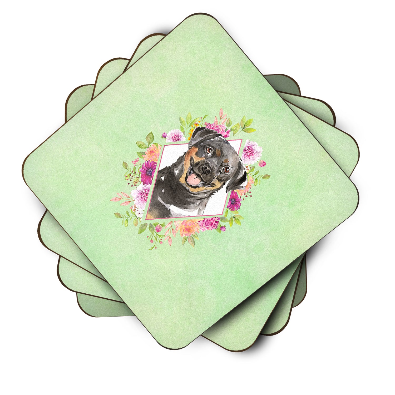 Set of 4 Rottweiler Green Flowers Foam Coasters Set of 4 CK4377FC - the-store.com