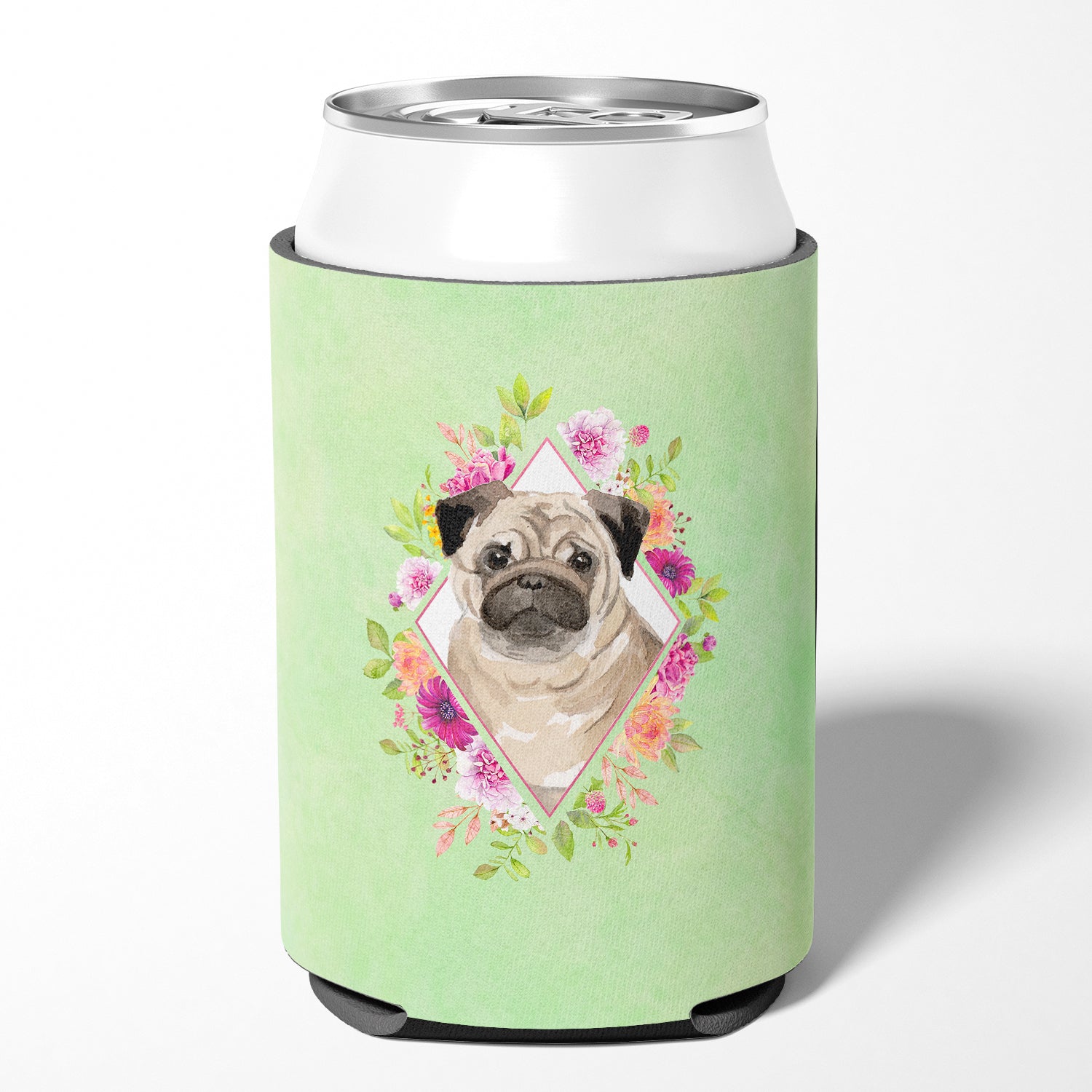 Fawn Pug Green Flowers Can or Bottle Hugger CK4378CC  the-store.com.