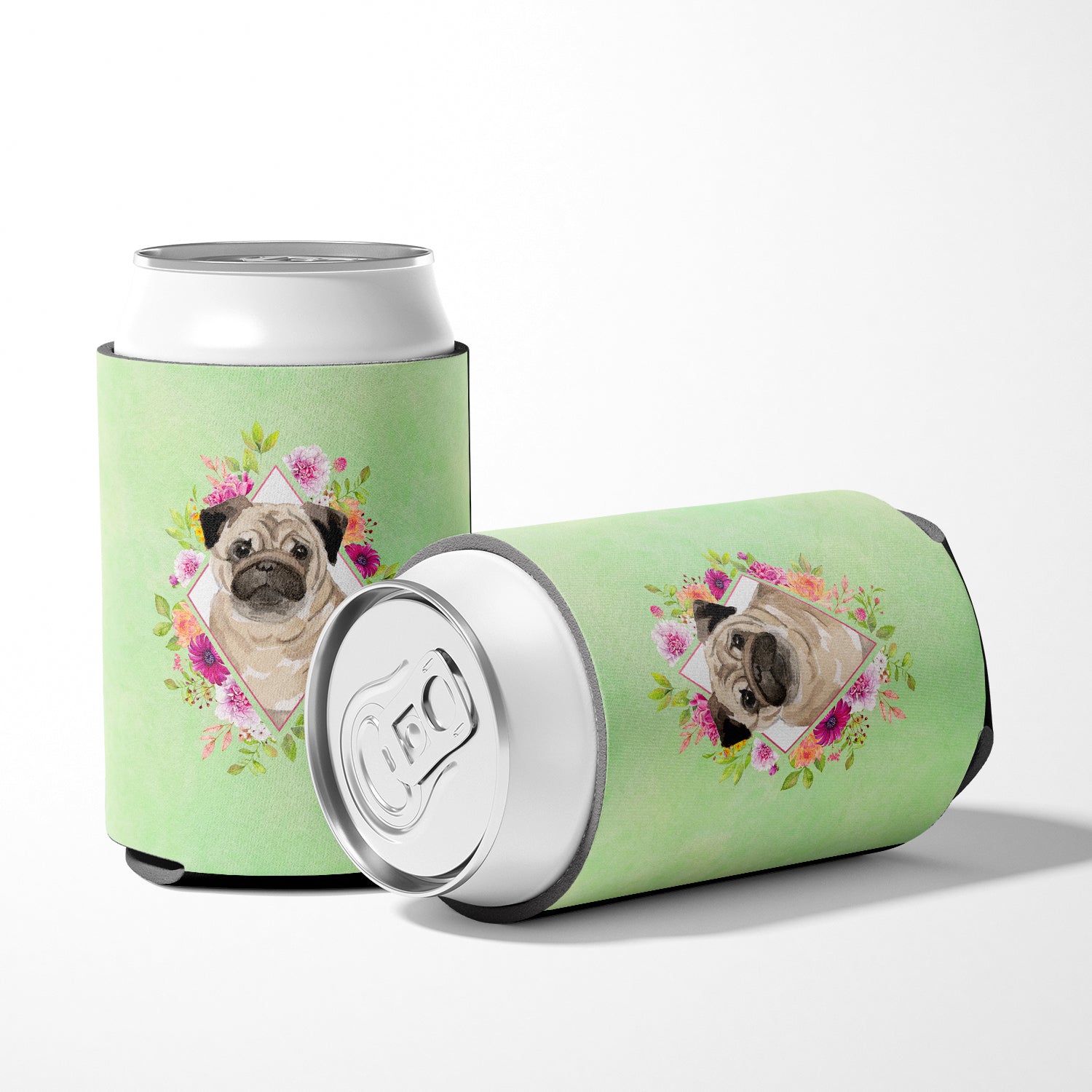Fawn Pug Green Flowers Can or Bottle Hugger CK4378CC  the-store.com.