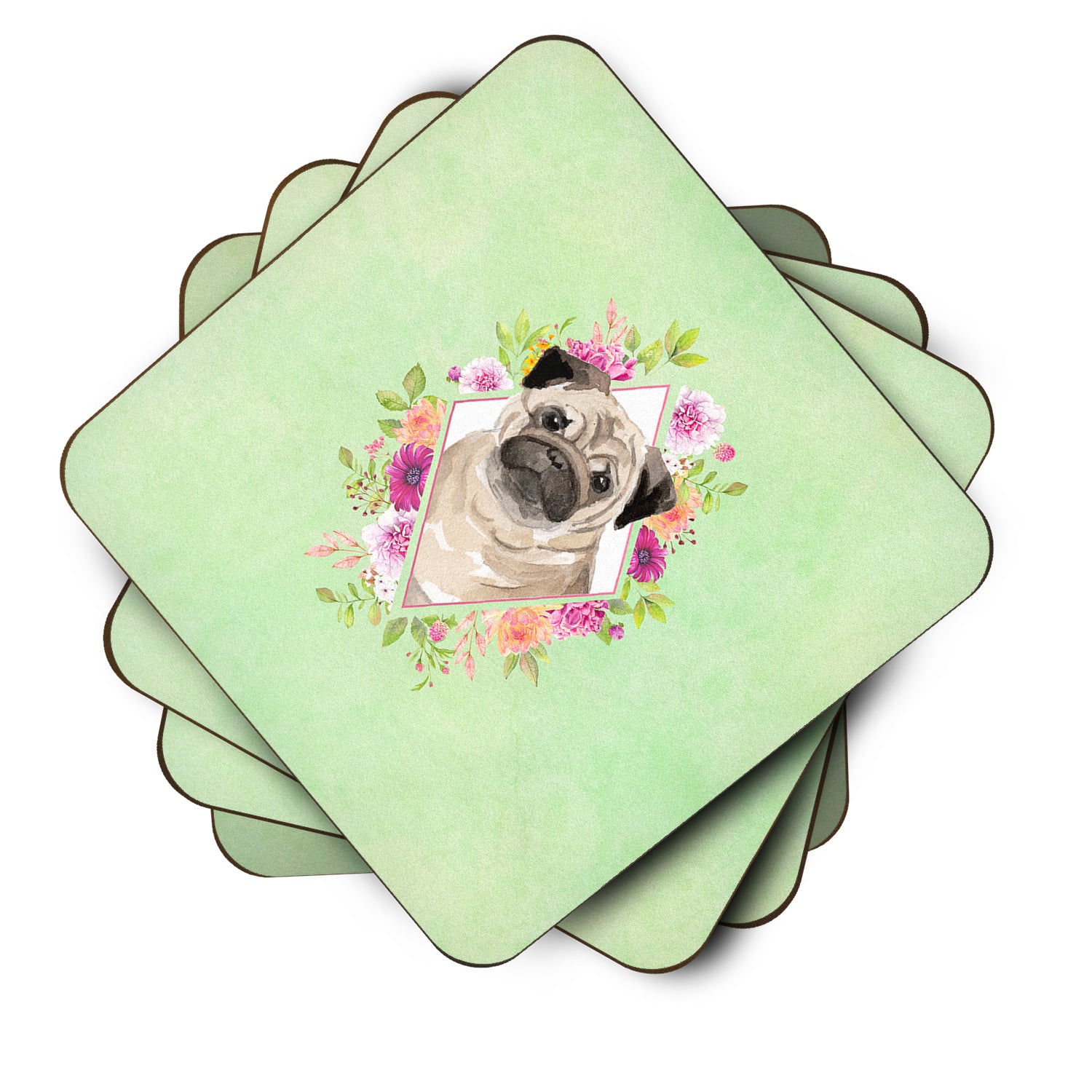 Set of 4 Fawn Pug Green Flowers Foam Coasters Set of 4 CK4378FC - the-store.com