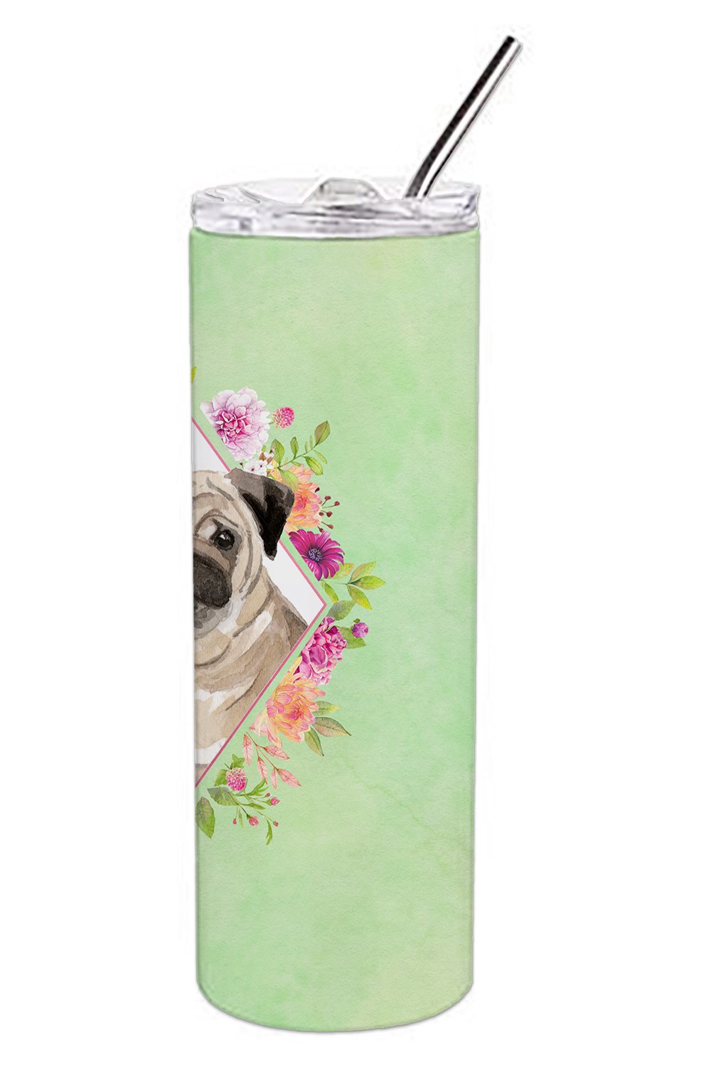 Fawn Pug Green Flowers Double Walled Stainless Steel 20 oz Skinny Tumbler CK4378TBL20 by Caroline's Treasures