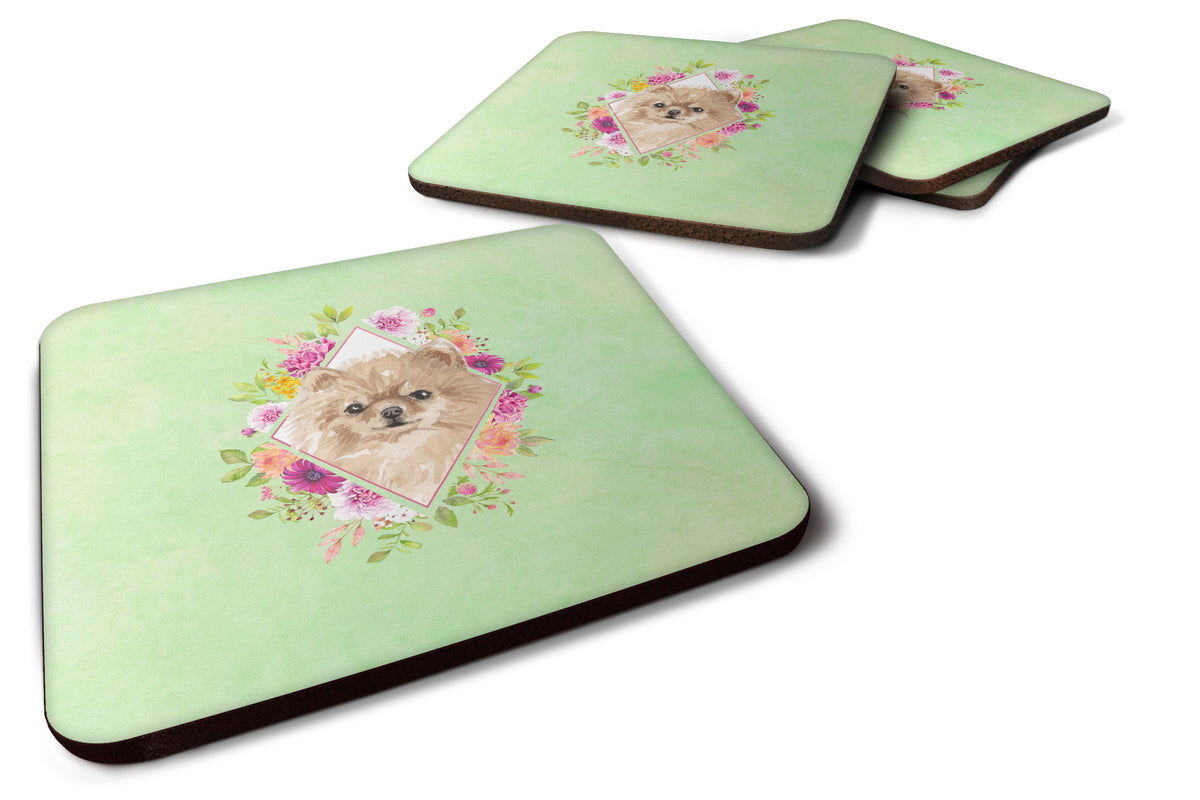 Set of 4 Pomeranian Green Flowers Foam Coasters Set of 4 CK4379FC - the-store.com