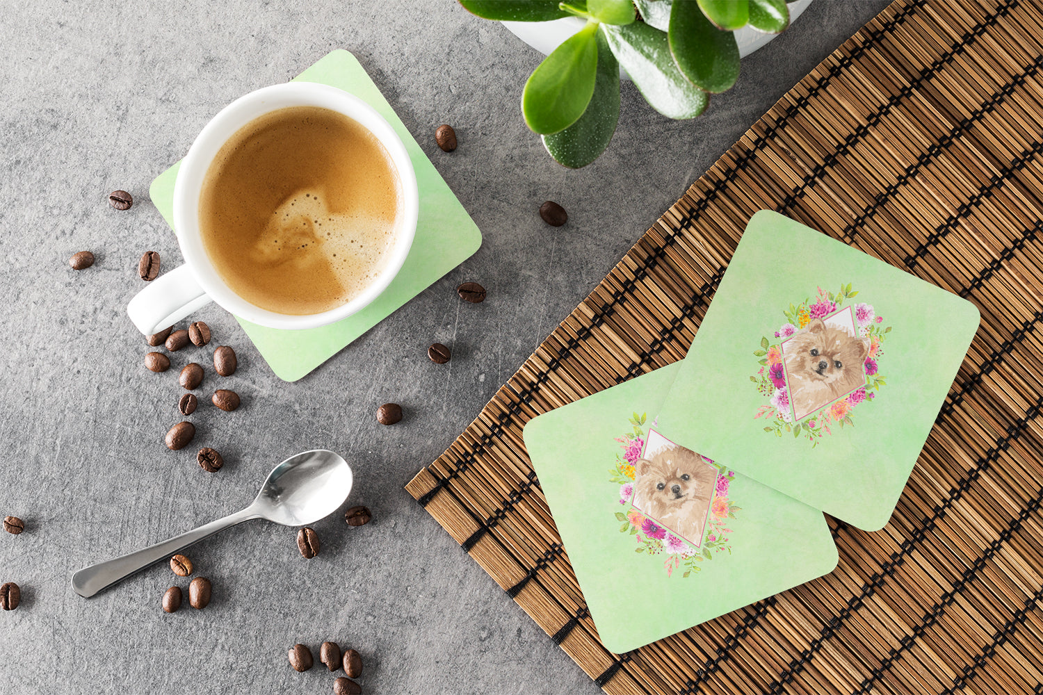 Set of 4 Pomeranian Green Flowers Foam Coasters Set of 4 CK4379FC - the-store.com