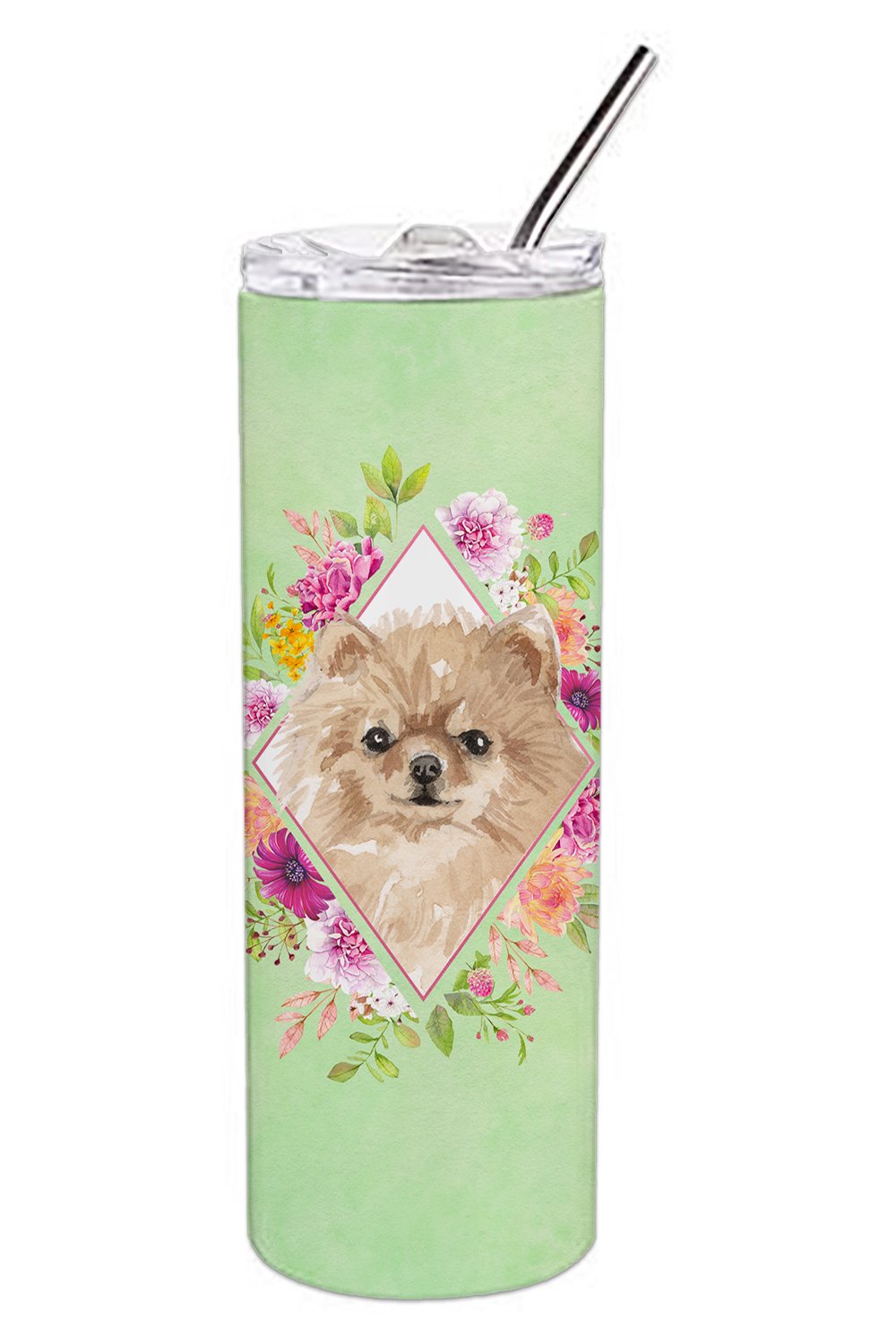 Pomeranian Green Flowers Double Walled Stainless Steel 20 oz Skinny Tumbler CK4379TBL20 by Caroline's Treasures