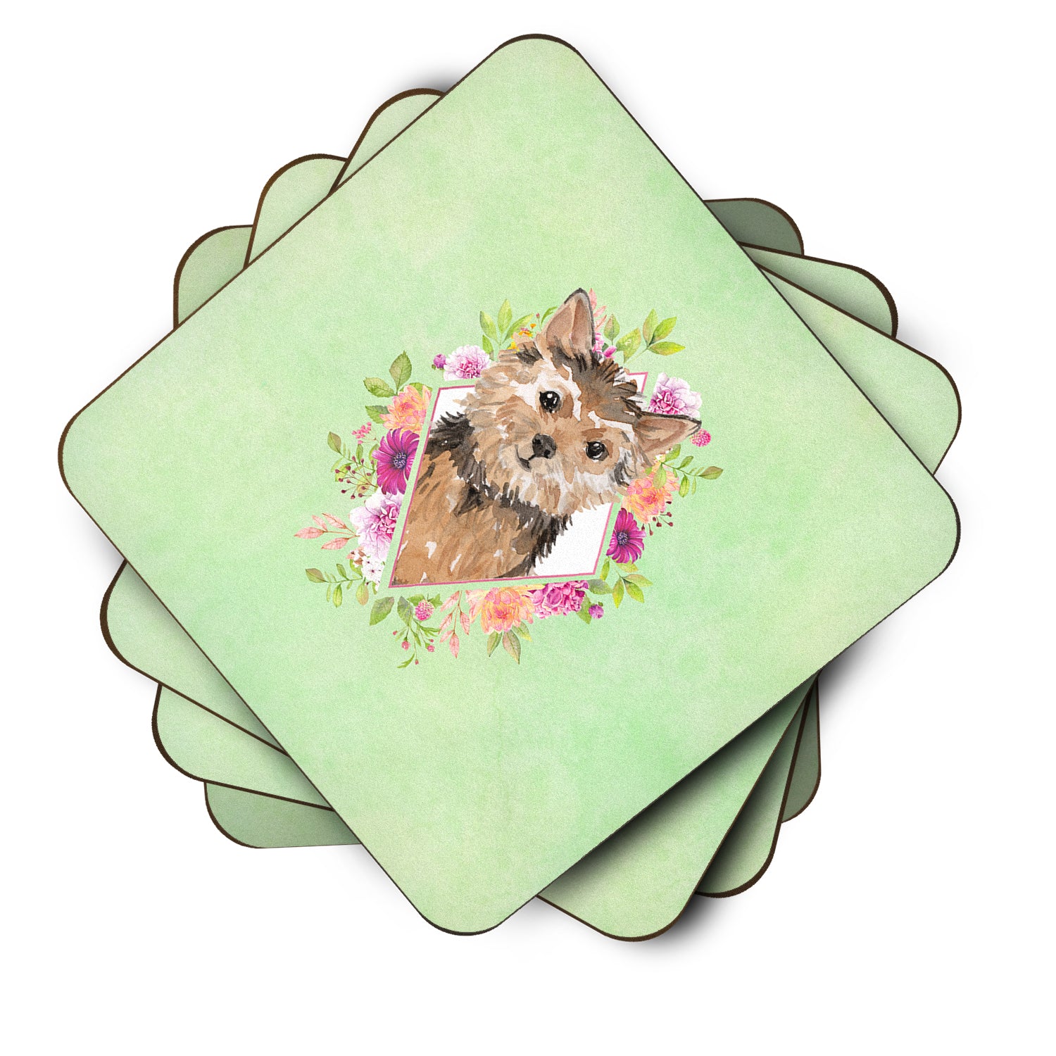 Set of 4 Norwich Terrier Green Flowers Foam Coasters Set of 4 CK4380FC - the-store.com