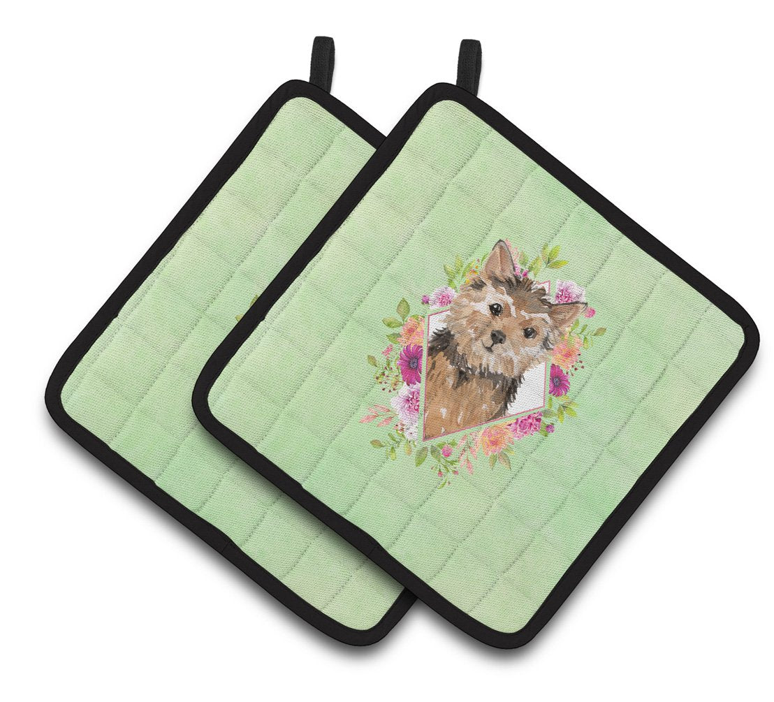 Norwich Terrier Green Flowers Pair of Pot Holders CK4380PTHD by Caroline's Treasures