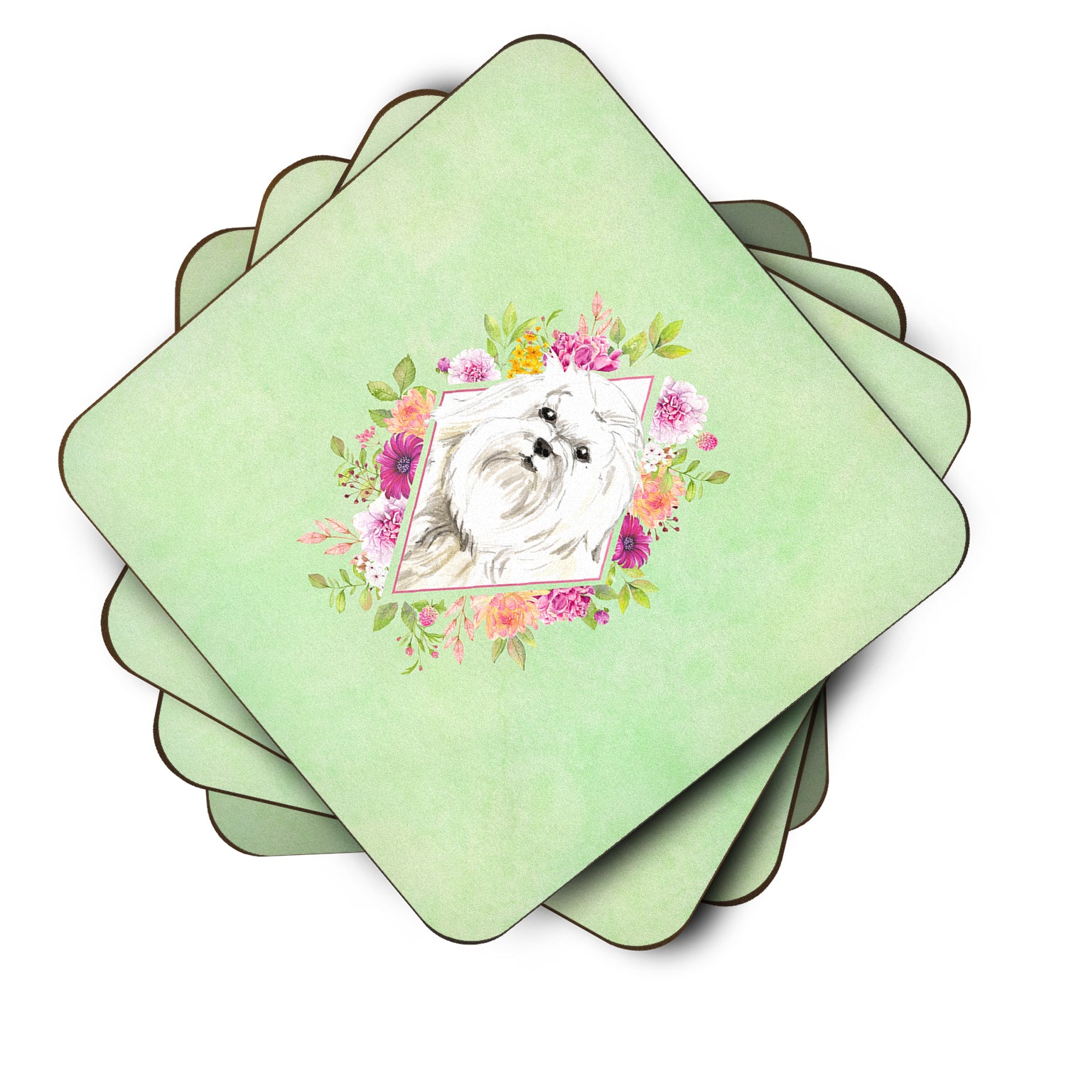 Set of 4 Maltese Green Flowers Foam Coasters Set of 4 CK4383FC - the-store.com