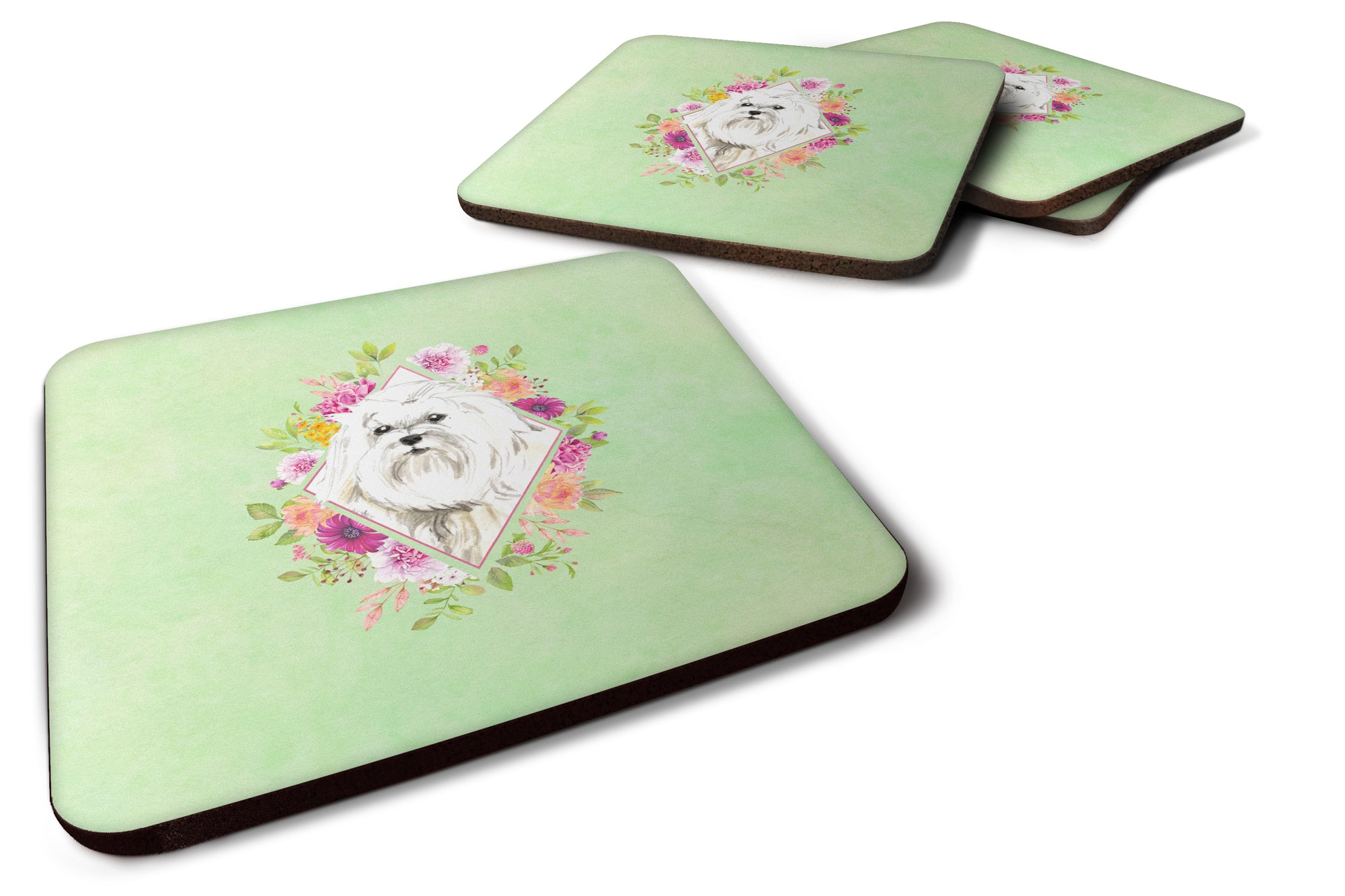 Set of 4 Maltese Green Flowers Foam Coasters Set of 4 CK4383FC - the-store.com