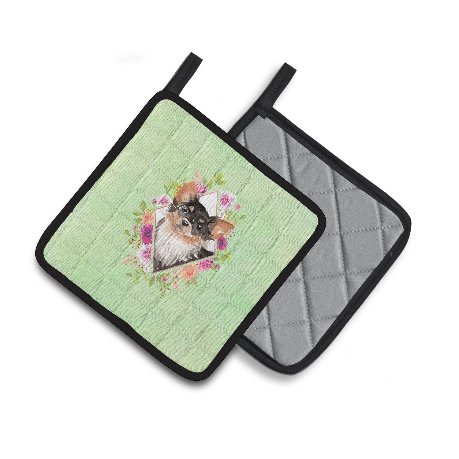 Longhaired Chihuahua Green Flowers Pair of Pot Holders CK4385PTHD by Caroline's Treasures