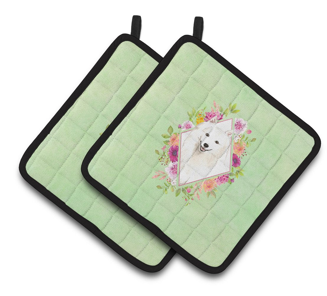 Japanese Spitz Green Flowers Pair of Pot Holders CK4389PTHD by Caroline's Treasures