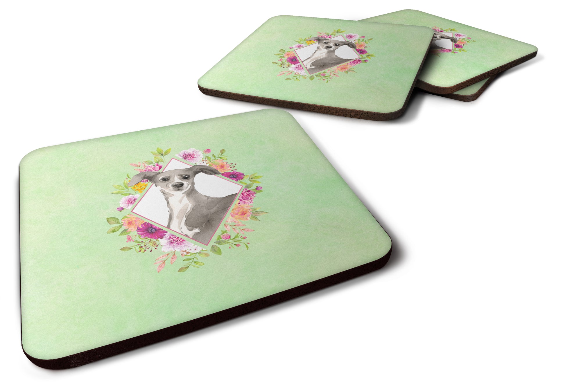 Set of 4 Italian Greyhound Green Flowers Foam Coasters Set of 4 CK4390FC - the-store.com