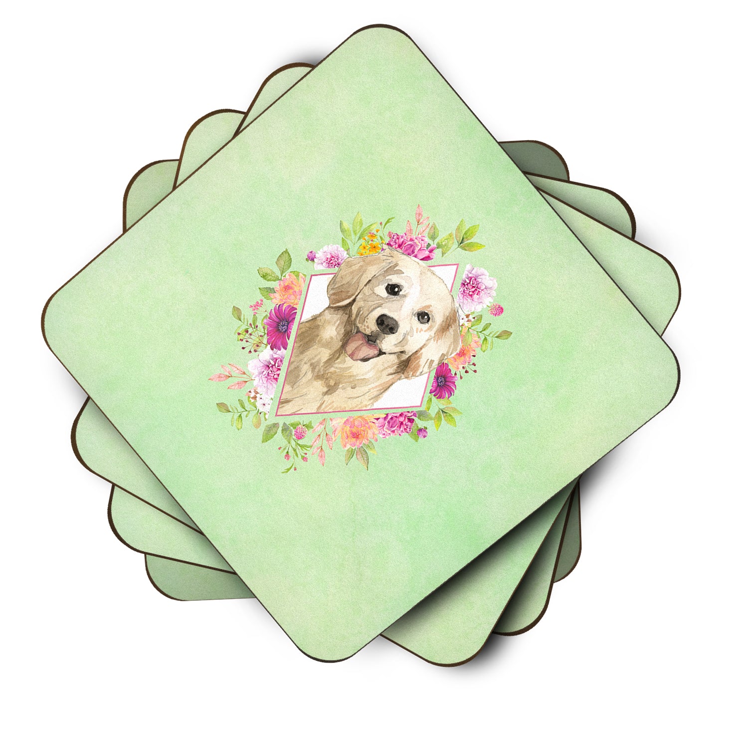 Set of 4 Golden Retriever Green Flowers Foam Coasters Set of 4 CK4395FC - the-store.com