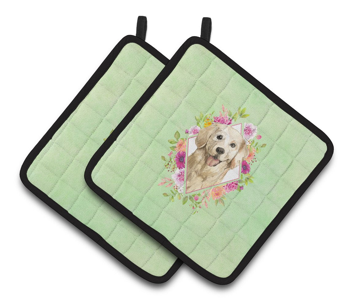 Golden Retriever Green Flowers Pair of Pot Holders CK4395PTHD by Caroline's Treasures