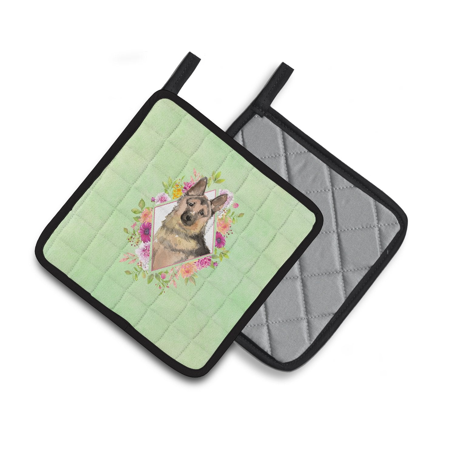 German Shepherd Green Flowers Pair of Pot Holders CK4397PTHD by Caroline's Treasures