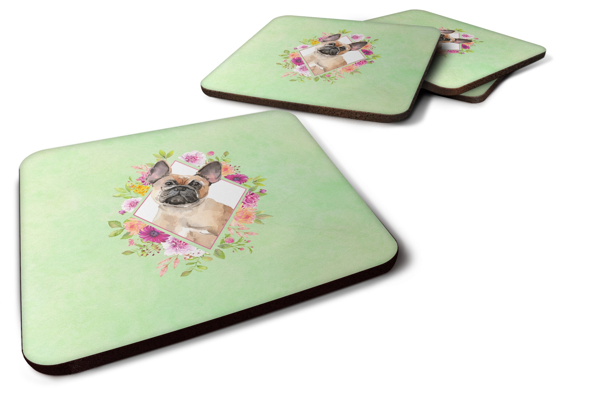 Set of 4 Fawn French Bulldog Green Flowers Foam Coasters Set of 4 CK4398FC - the-store.com