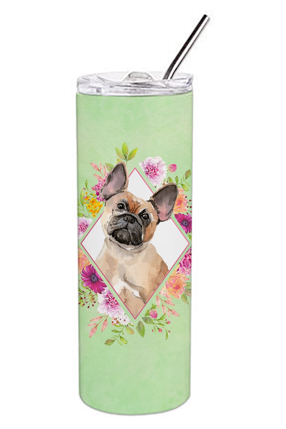 Fawn French Bulldog Green Flowers Double Walled Stainless Steel 20 oz Skinny Tumbler CK4398TBL20 by Caroline&#39;s Treasures