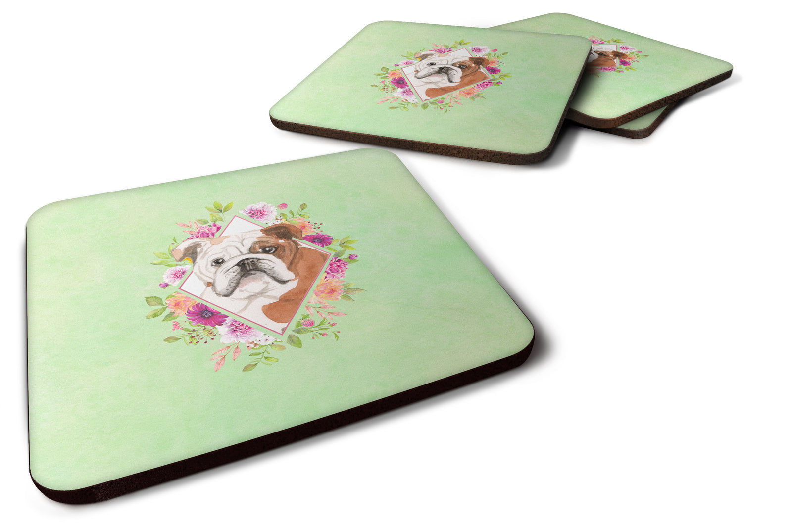 Set of 4 English Bulldog Green Flowers Foam Coasters Set of 4 CK4400FC - the-store.com