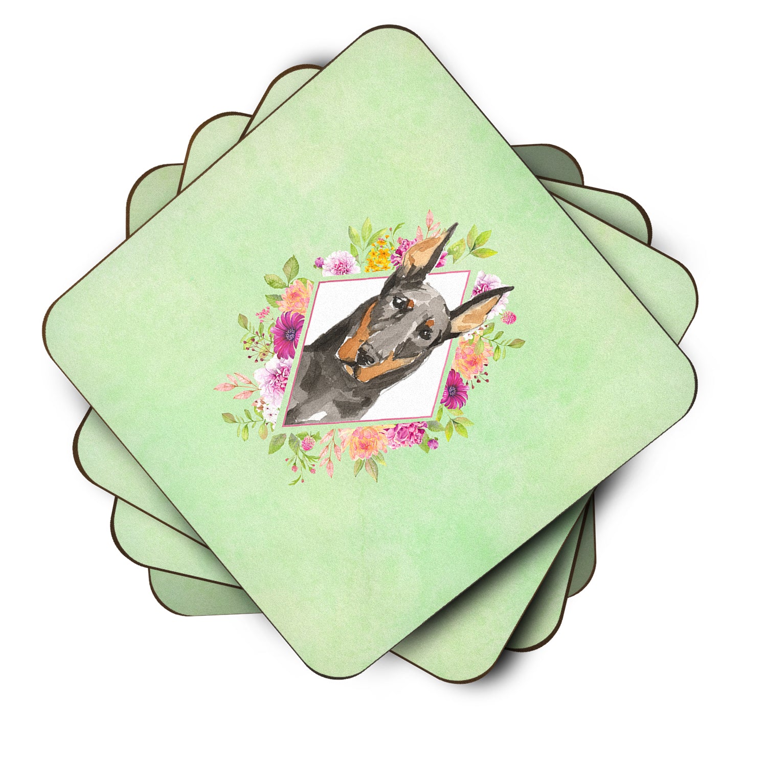 Set of 4 Doberman Pinsher Green Flowers Foam Coasters Set of 4 CK4401FC - the-store.com