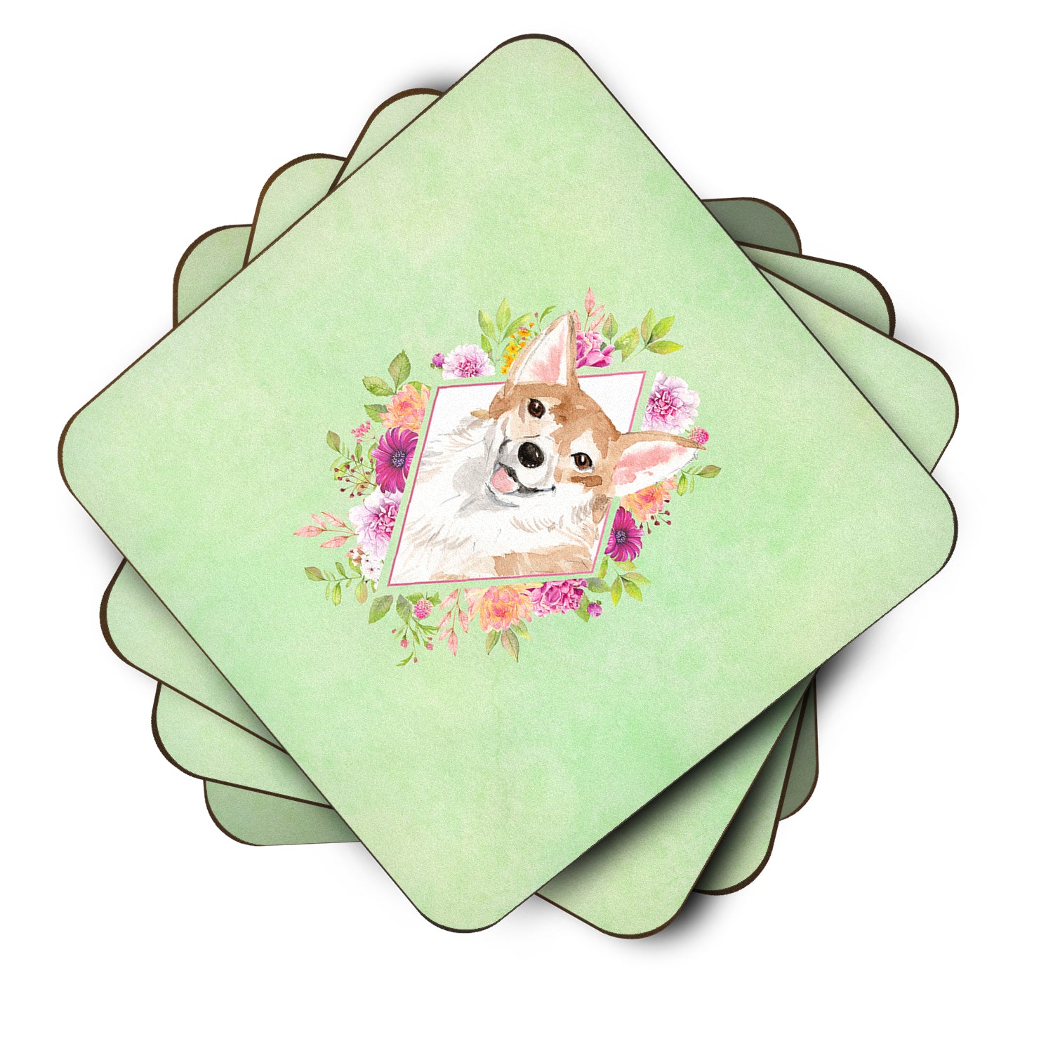 Set of 4 Corgi Green Flowers Foam Coasters Set of 4 CK4403FC - the-store.com