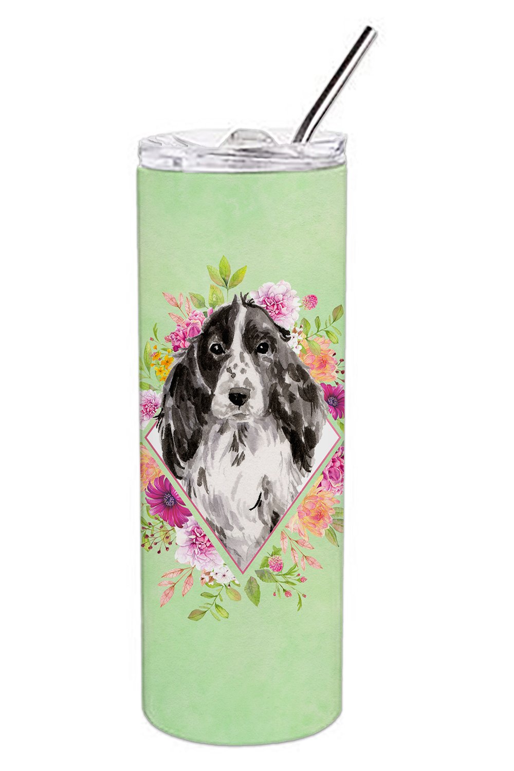 Black Parti Cocker Spaniel Green Flowers Double Walled Stainless Steel 20 oz Skinny Tumbler CK4404TBL20 by Caroline's Treasures