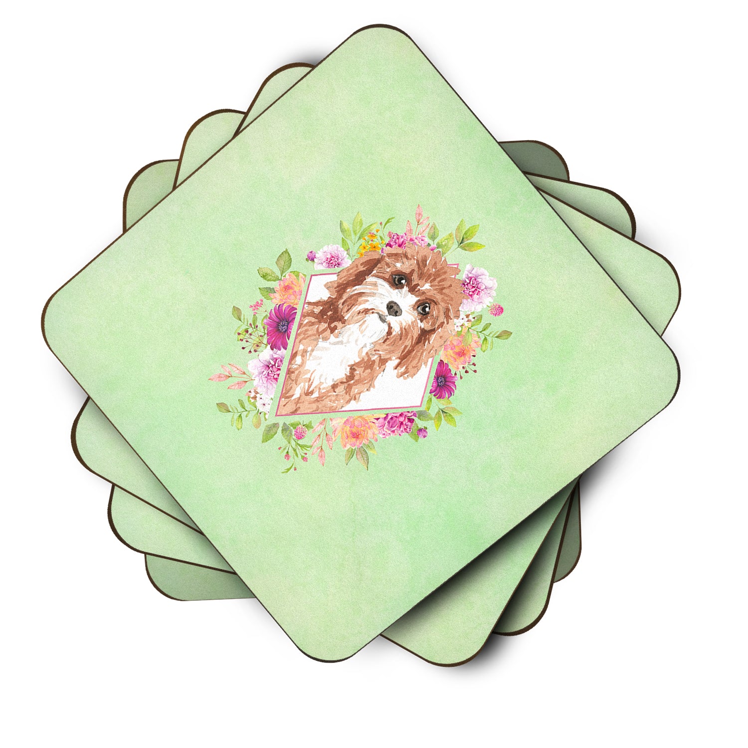 Set of 4 Cavapoo Green Flowers Foam Coasters Set of 4 CK4407FC - the-store.com