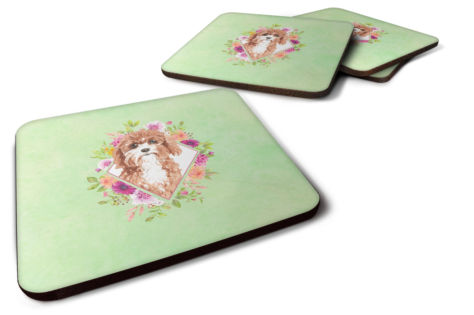 Set of 4 Cavapoo Green Flowers Foam Coasters Set of 4 CK4407FC - the-store.com