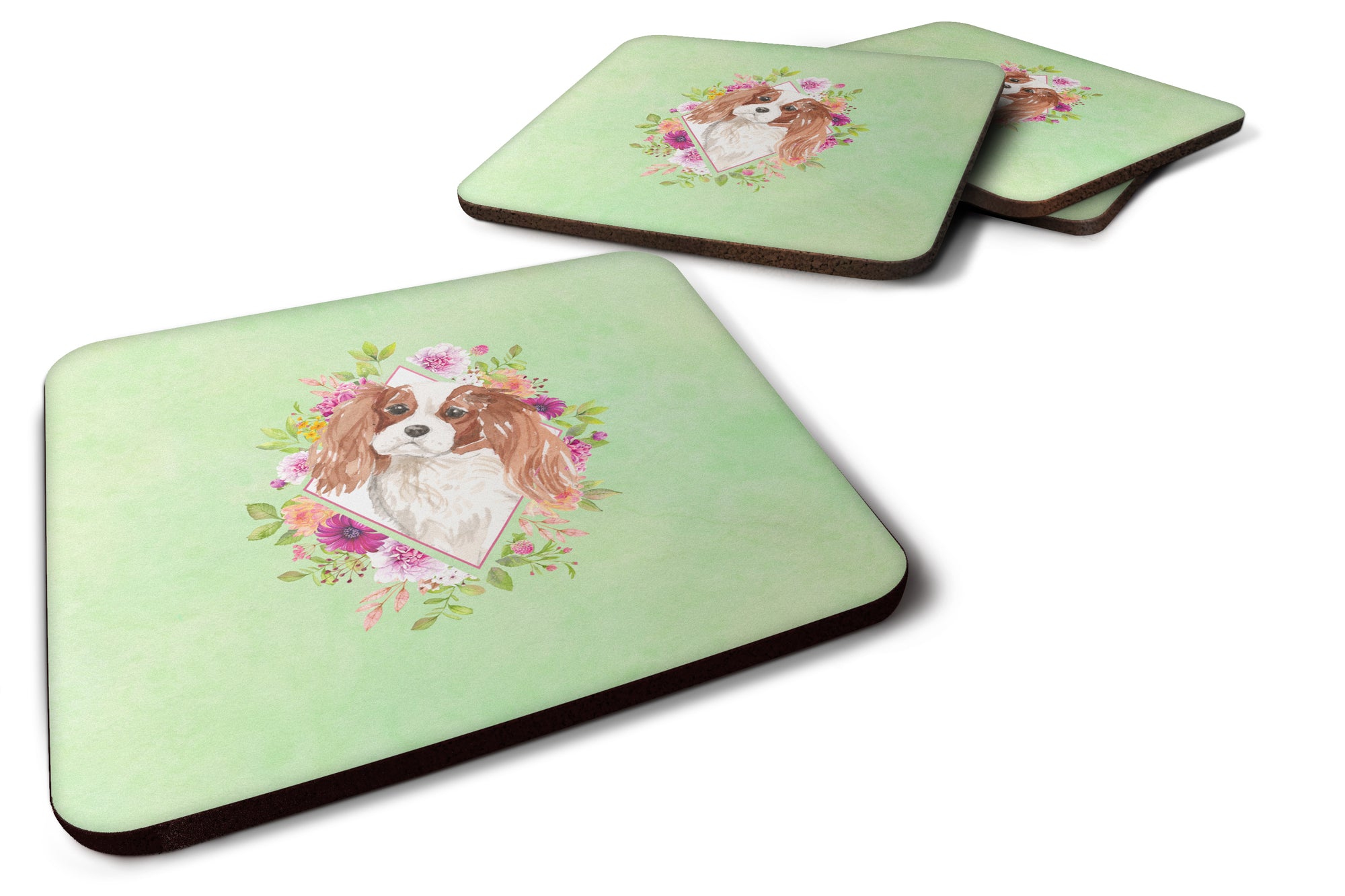 Set of 4 Blenheim Cavalier Spaniel Green Flowers Foam Coasters Set of 4 CK4408FC - the-store.com