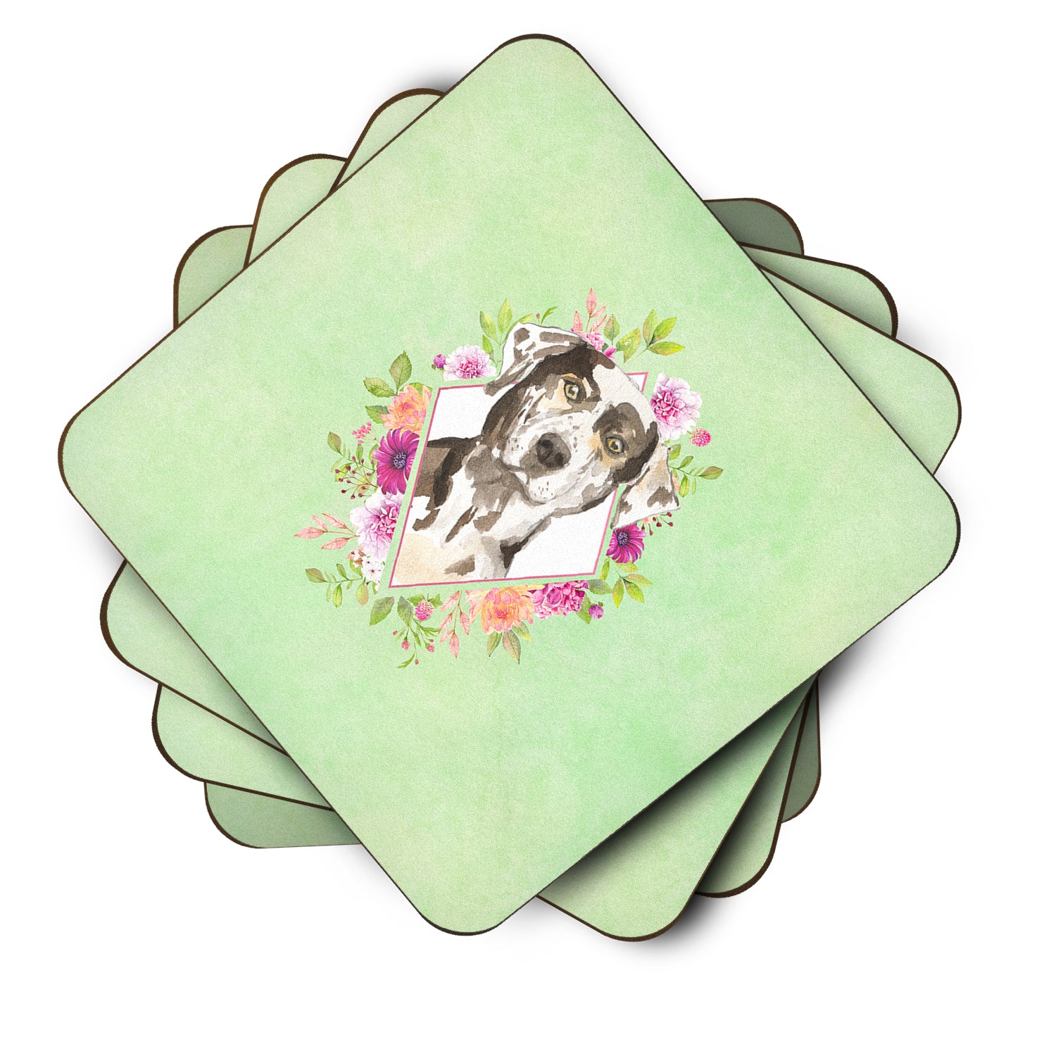 Set of 4 Catahoula Leopard Dog Green Flowers Foam Coasters Set of 4 CK4409FC - the-store.com