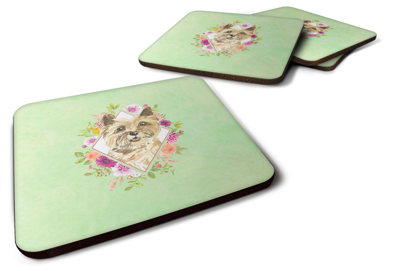 Set of 4 Cairn Terrier Green Flowers Foam Coasters Set of 4 CK4410FC - the-store.com