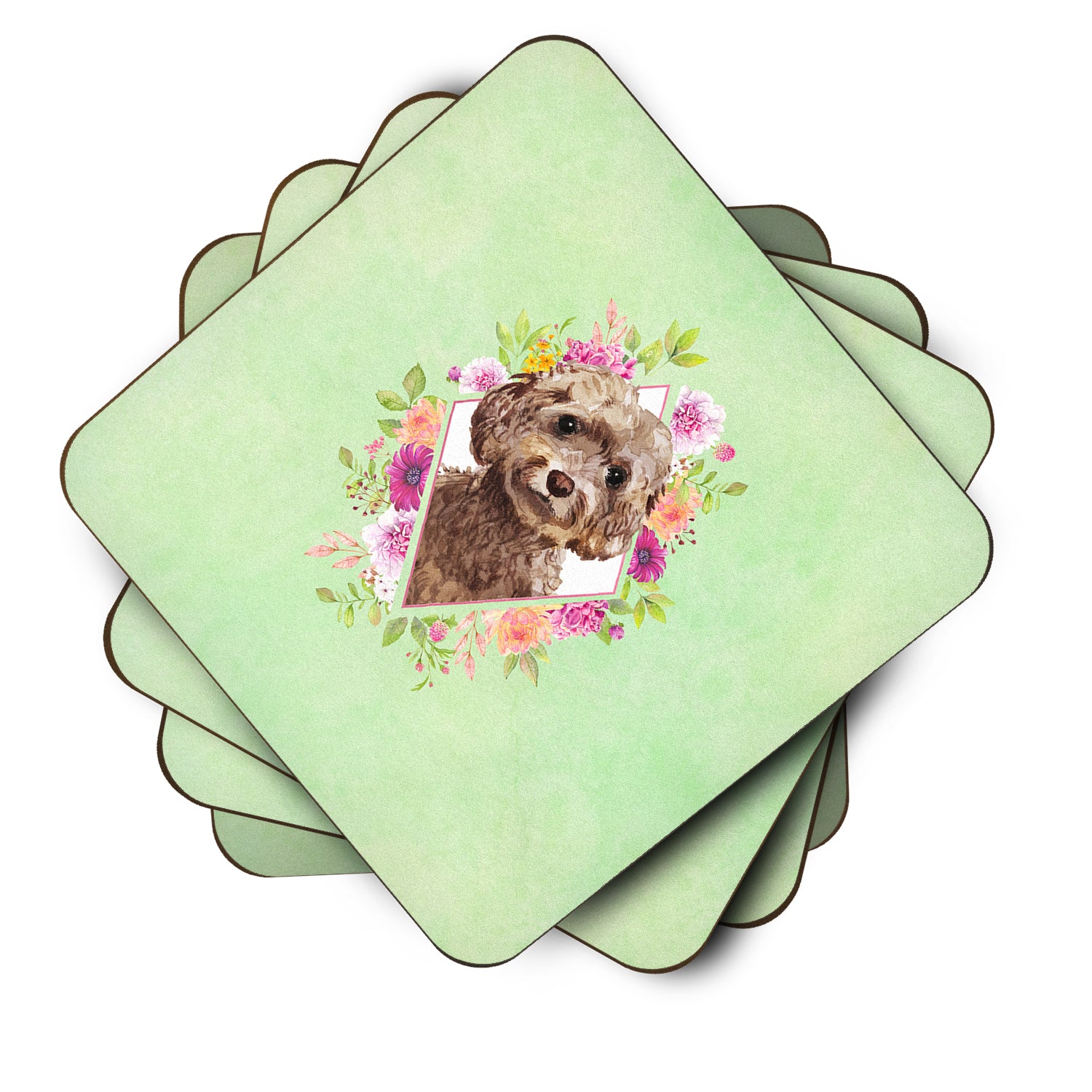 Set of 4 Chocolate Cockapoo Green Flowers Foam Coasters Set of 4 CK4413FC - the-store.com