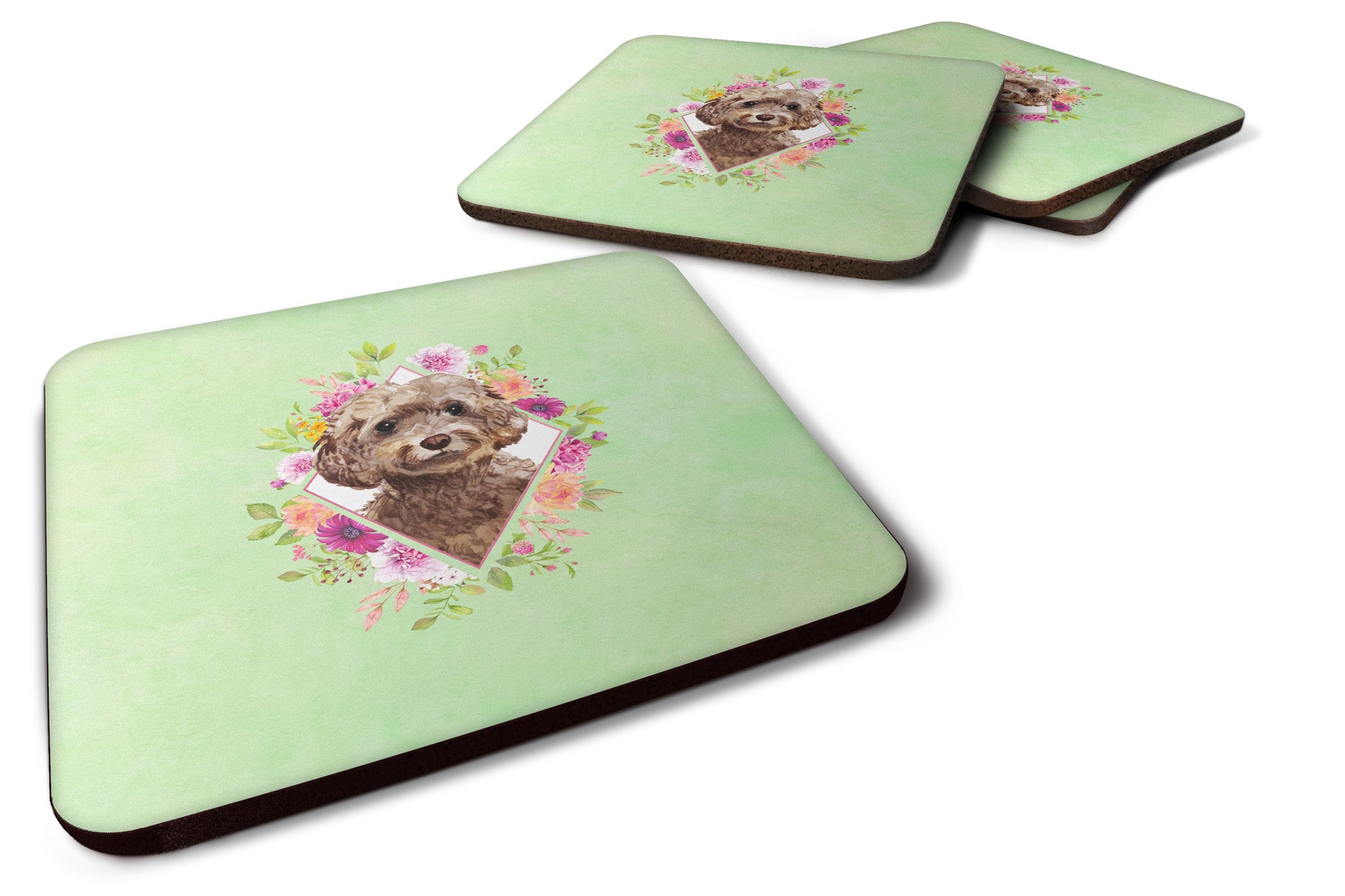 Set of 4 Chocolate Cockapoo Green Flowers Foam Coasters Set of 4 CK4413FC - the-store.com